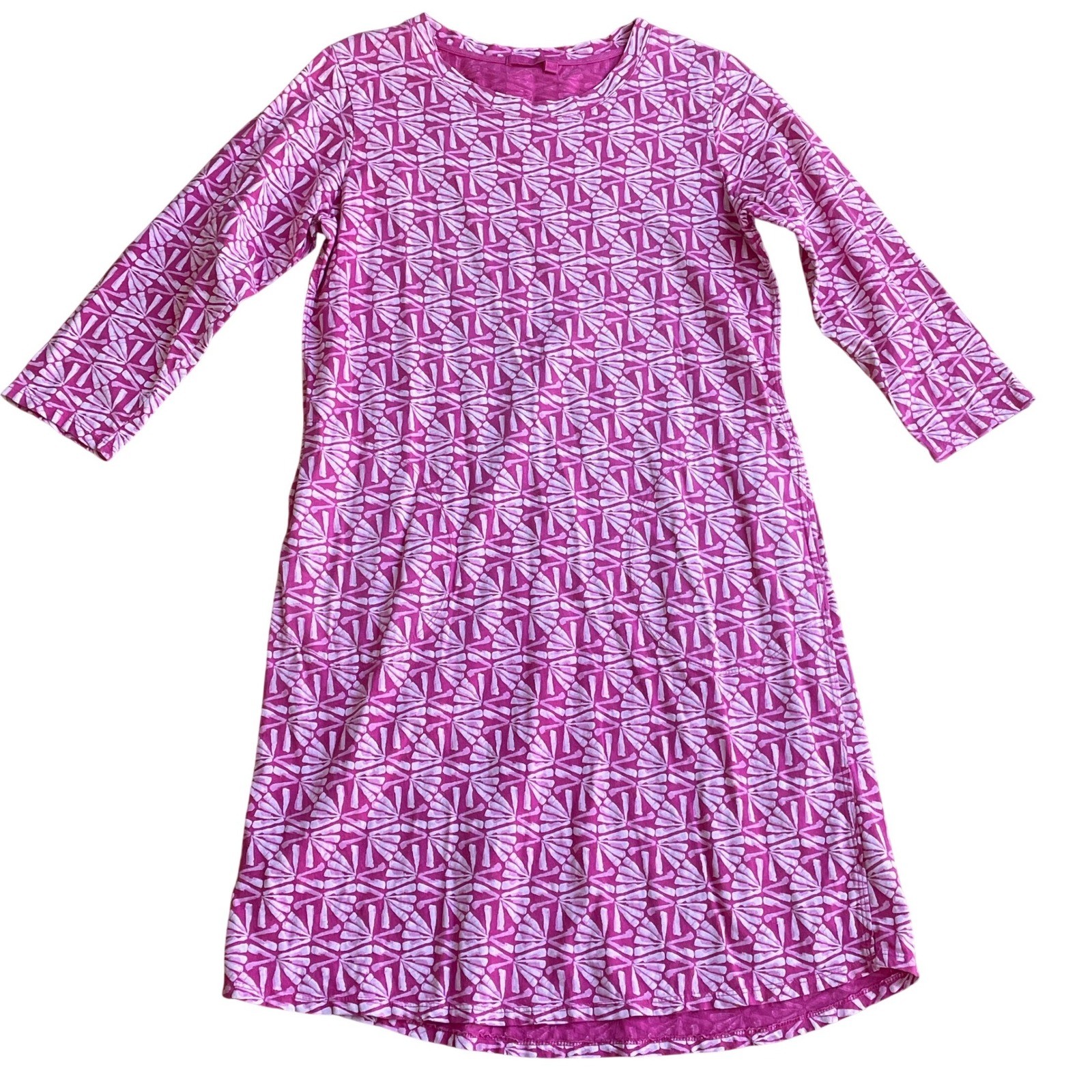 Fresh Produce Pink Geometric Fan Print 3/4 Sleeve Cotton Shift Dress Pockets S/M