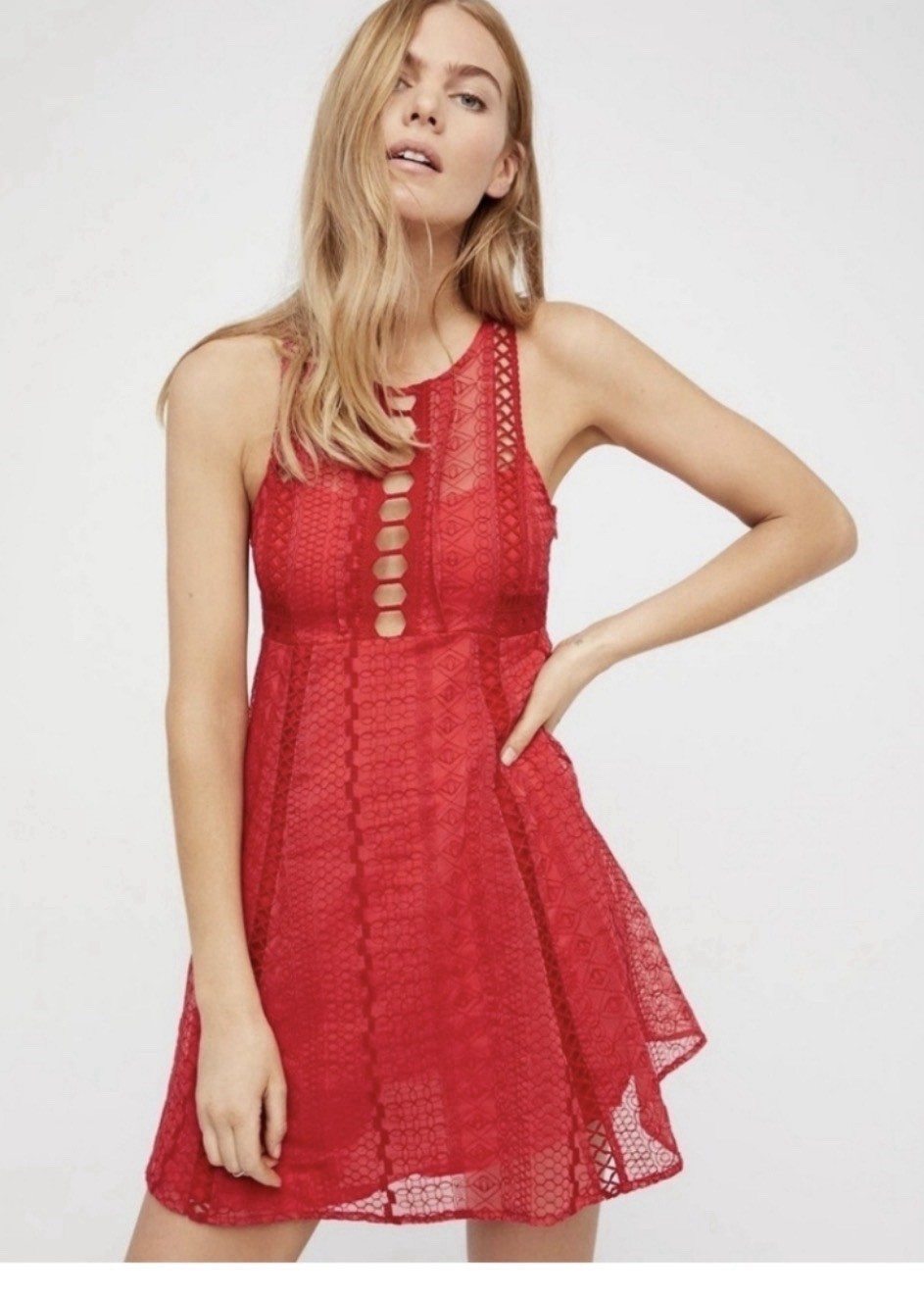 Free People – Red lace, Round Neck Sleeveless Lined Mini Dress Size 4