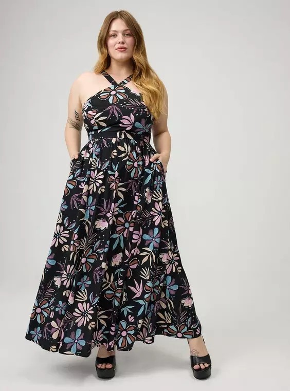 Torrid Cydnee Floral Doodles Black Halter Maxi Dress Women’s Plus Size 1X Nwt