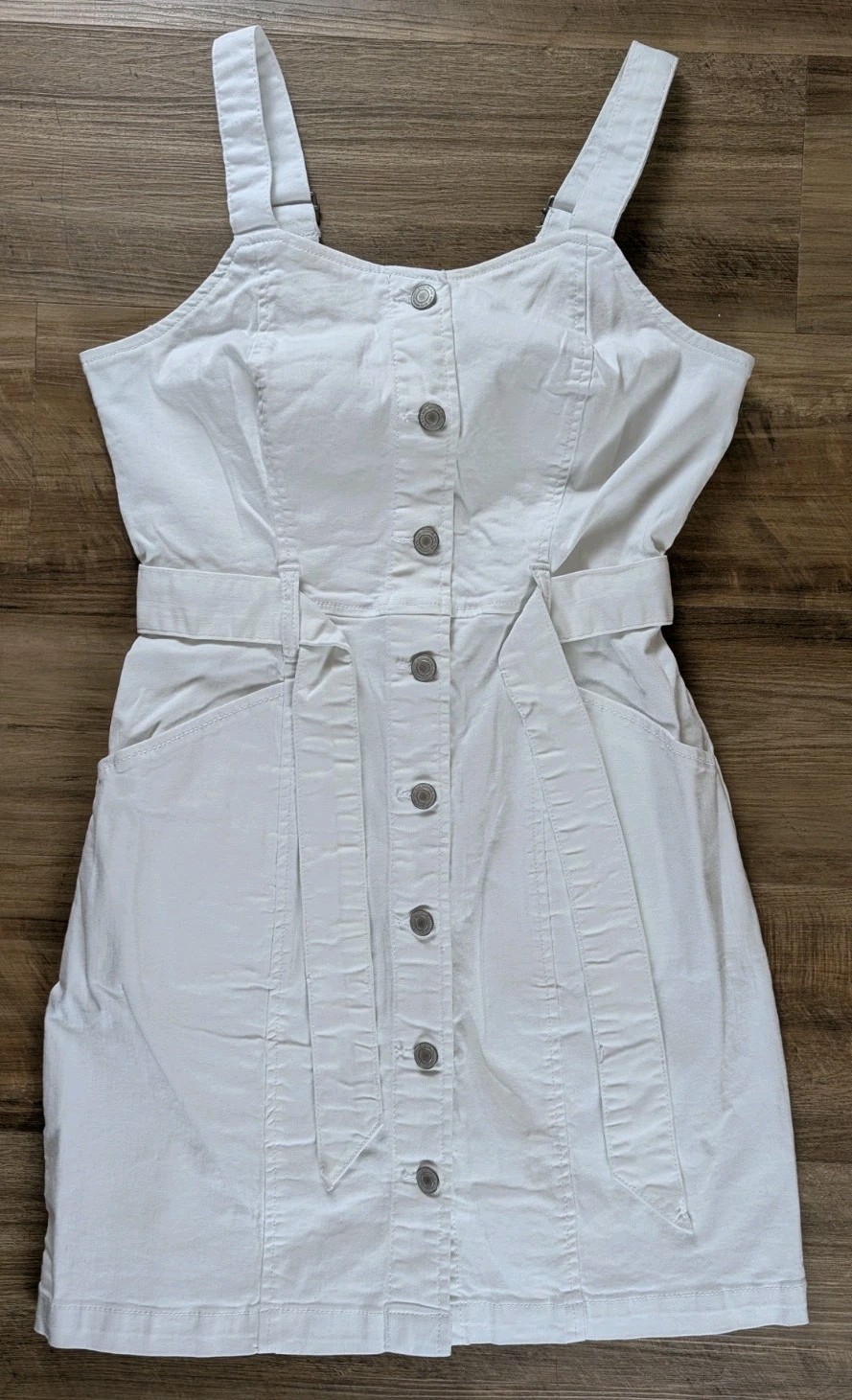 So Juniors Button Down Denim Buckle Straps Tie Waist Belt Overall Dress White M