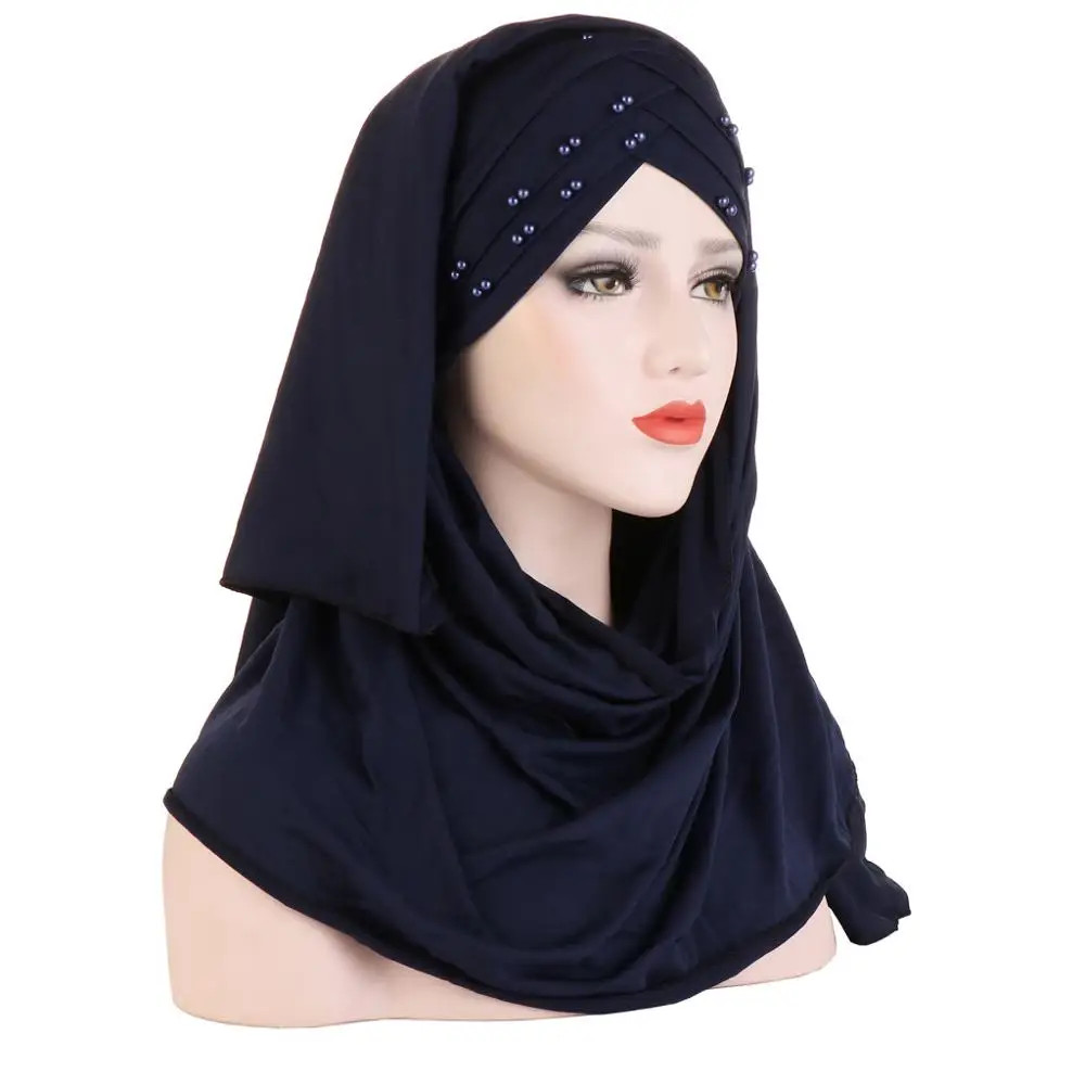 2019 Muslim Cotton Scarf Plain Hijabs With Bead Shawls And Wraps Femme Musulman
