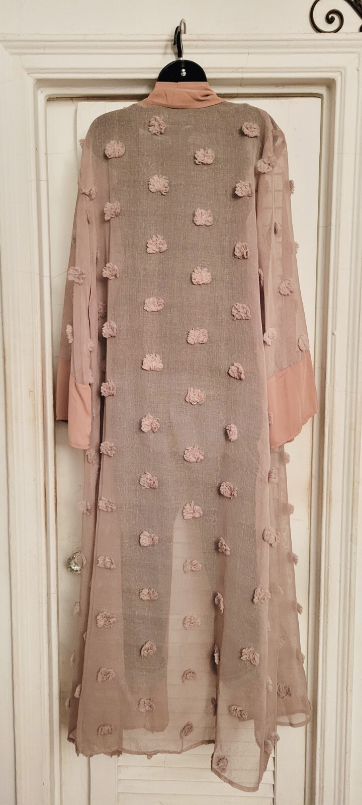 Chic Brownish Beige Loose Long Sleeve Sheer Applique Solid Border Maxi Duster L