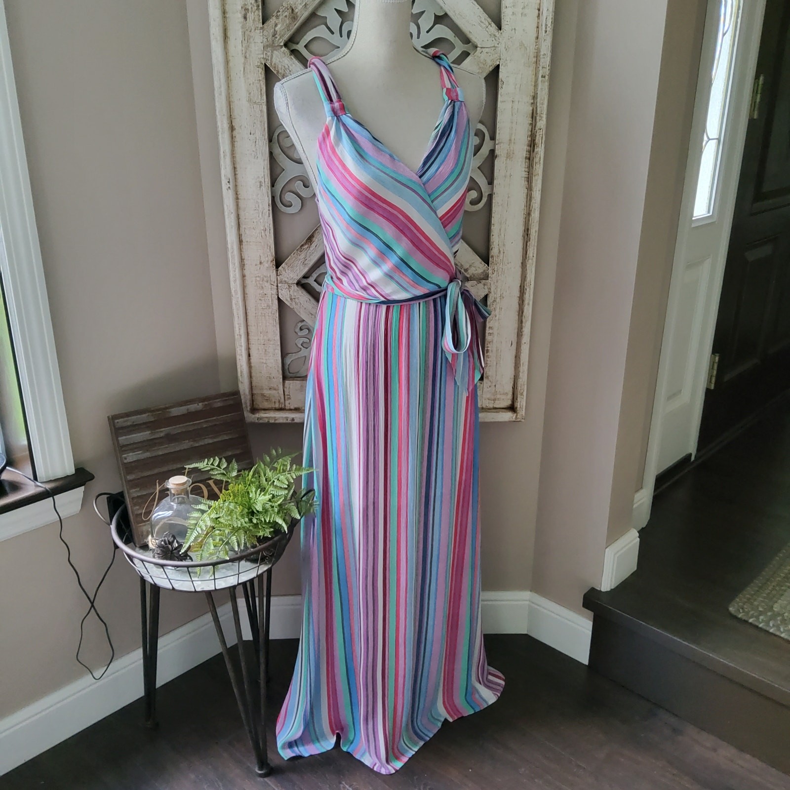 L Love Women’s Surplice Twisted Halter Belted Maxi Dress in Pastel Stripe