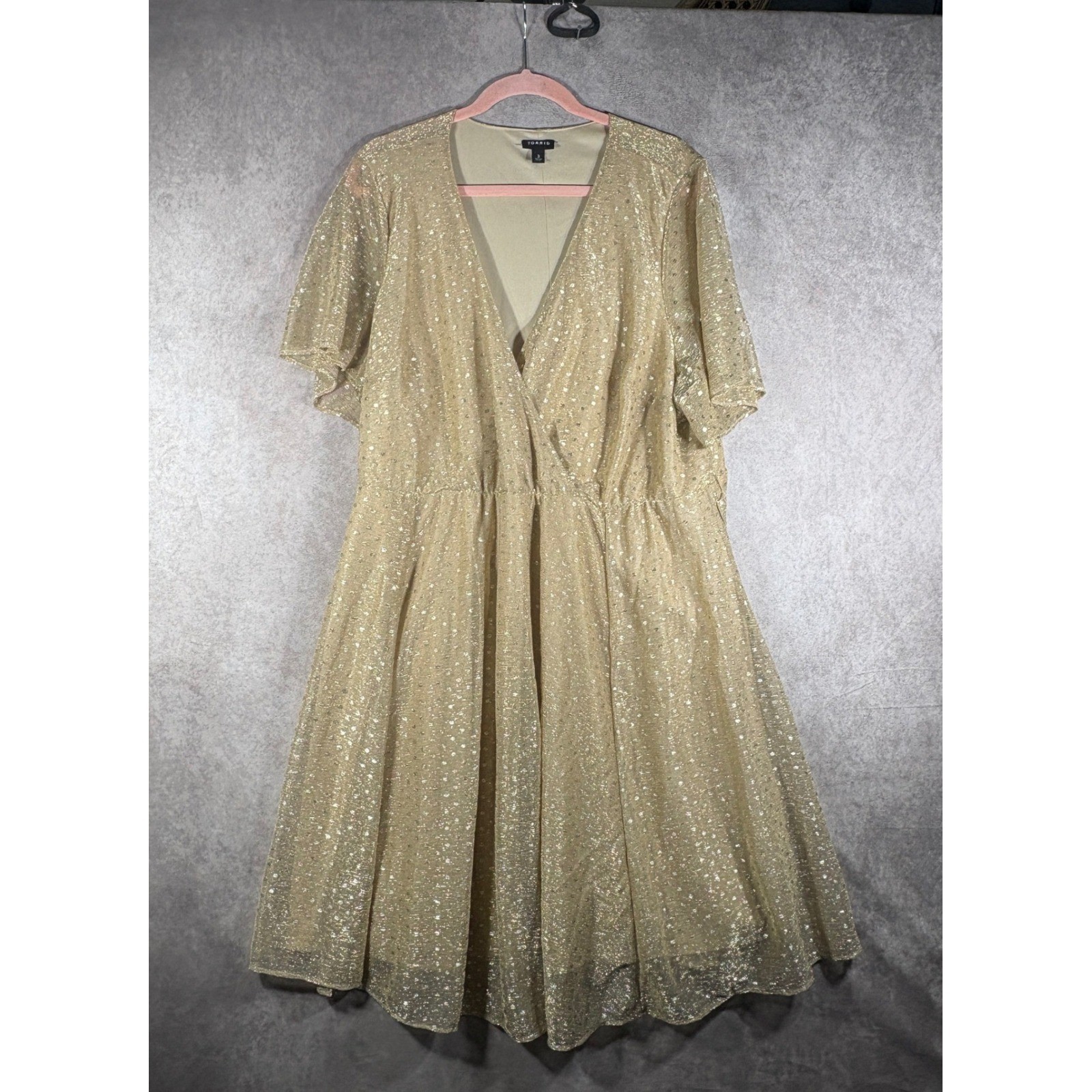 Torrid Dress Size 3 3X Gold Metallic Shimmer Wrap V-Neck Polka Dot Party Evening