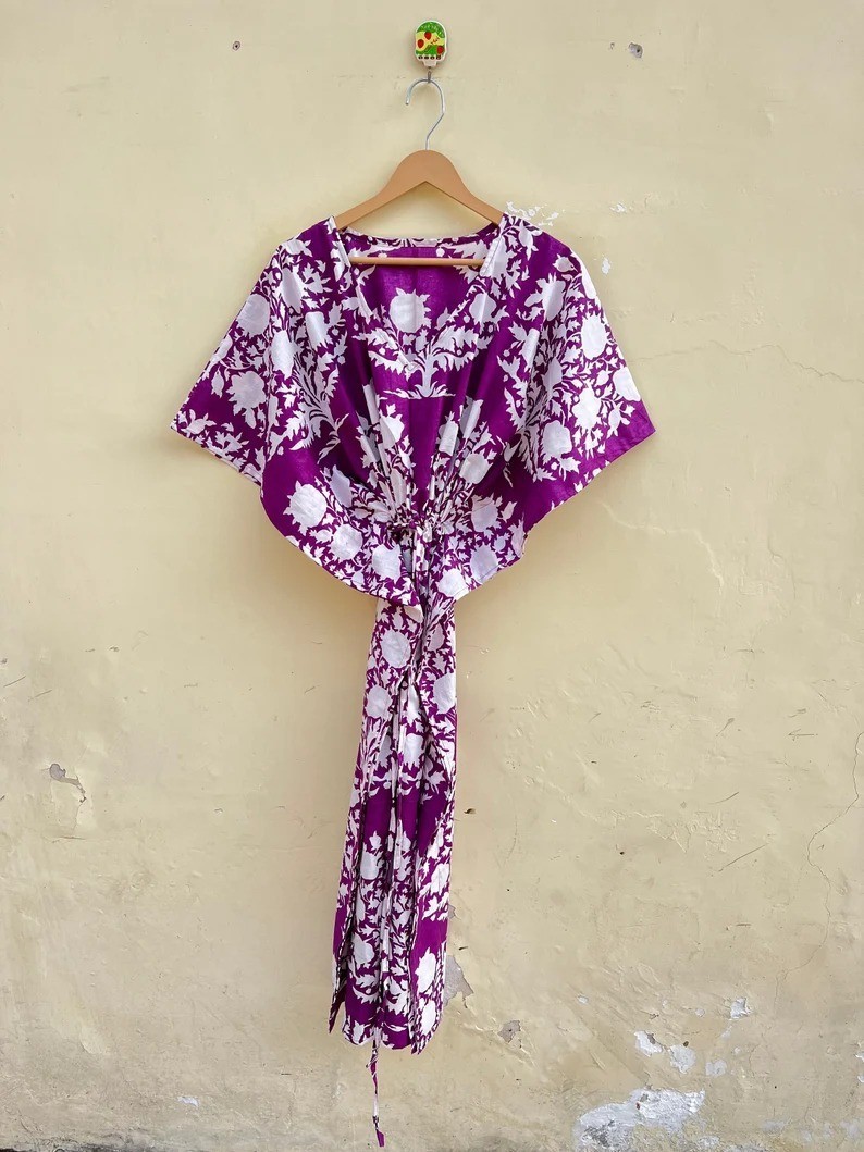 Indian Purple Floral Handmade Cotton Kaftan Maxi Dress Women’s Clothing Gown US