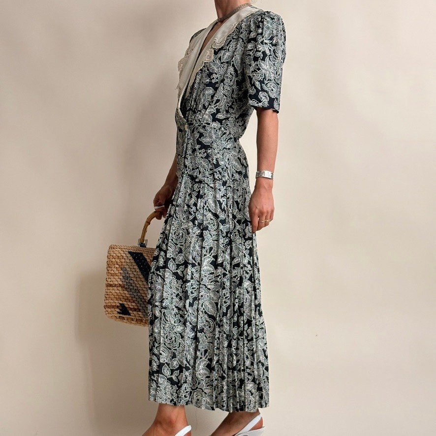 Vintage Jane Singer Navy Floral Maxi Dress – Size 8