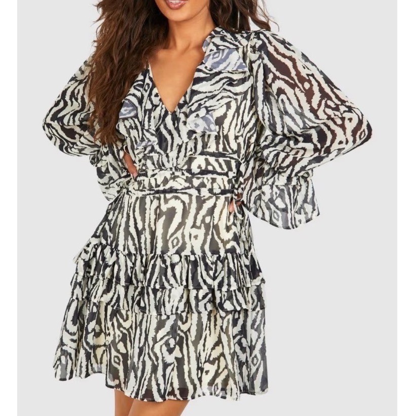 Boohoo Zebra Print Ruffle Mini Dress Long Sleeve Tie Waist Party Going Out US 14