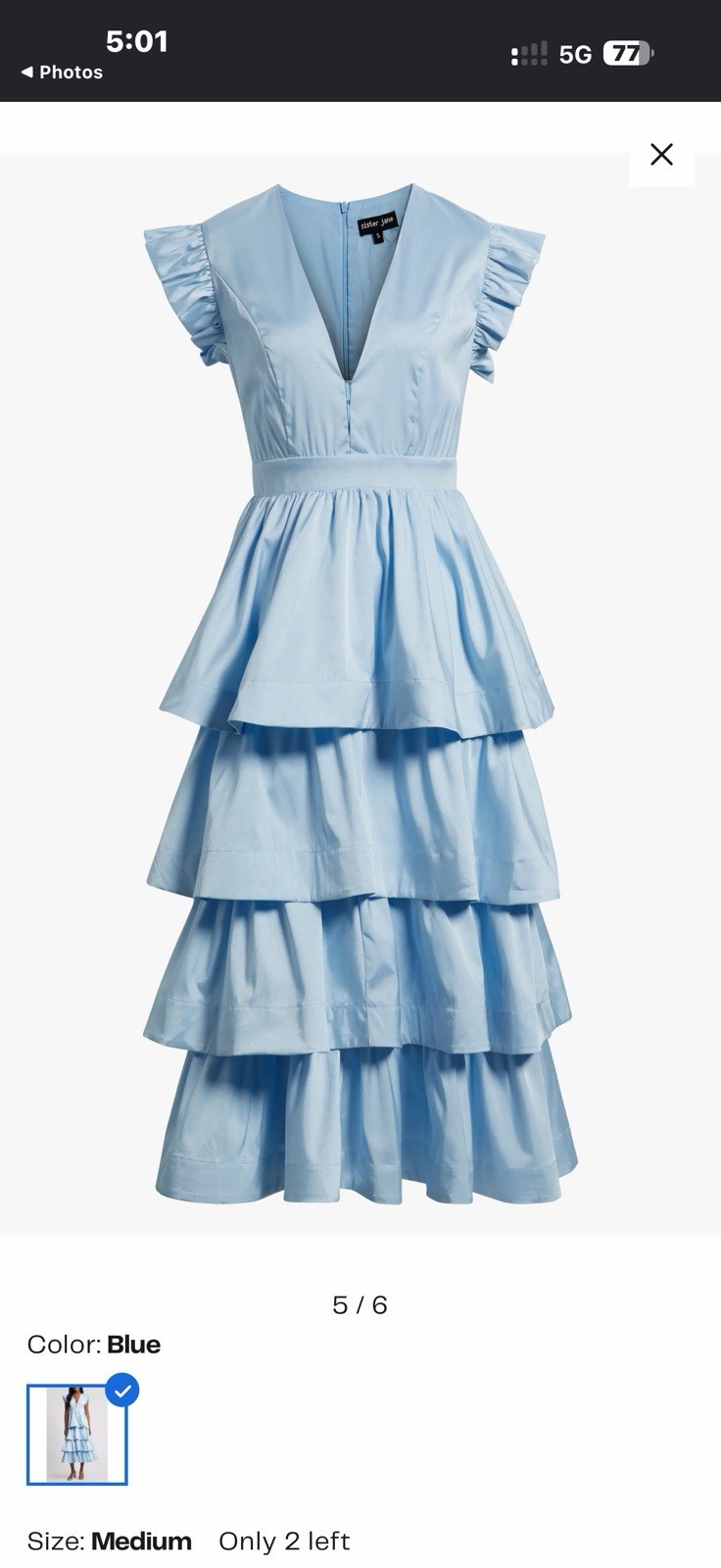 Sister Jane Feria Plunging Tiered Ruffle Midi Dress Pastel Blue Size Medium New