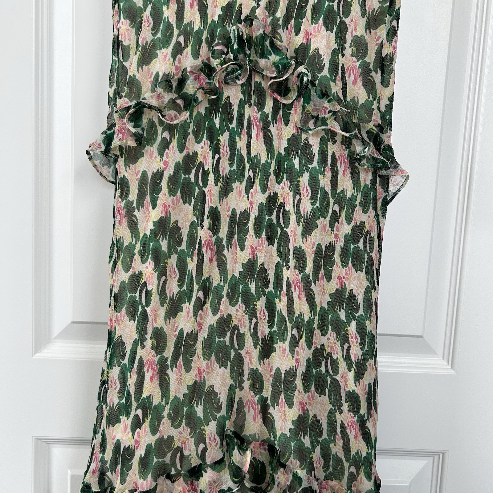 Saloni Rita Printed Silk Ruffle Maxi Dress 6 Floral Chiffon Crinkle Elegant
