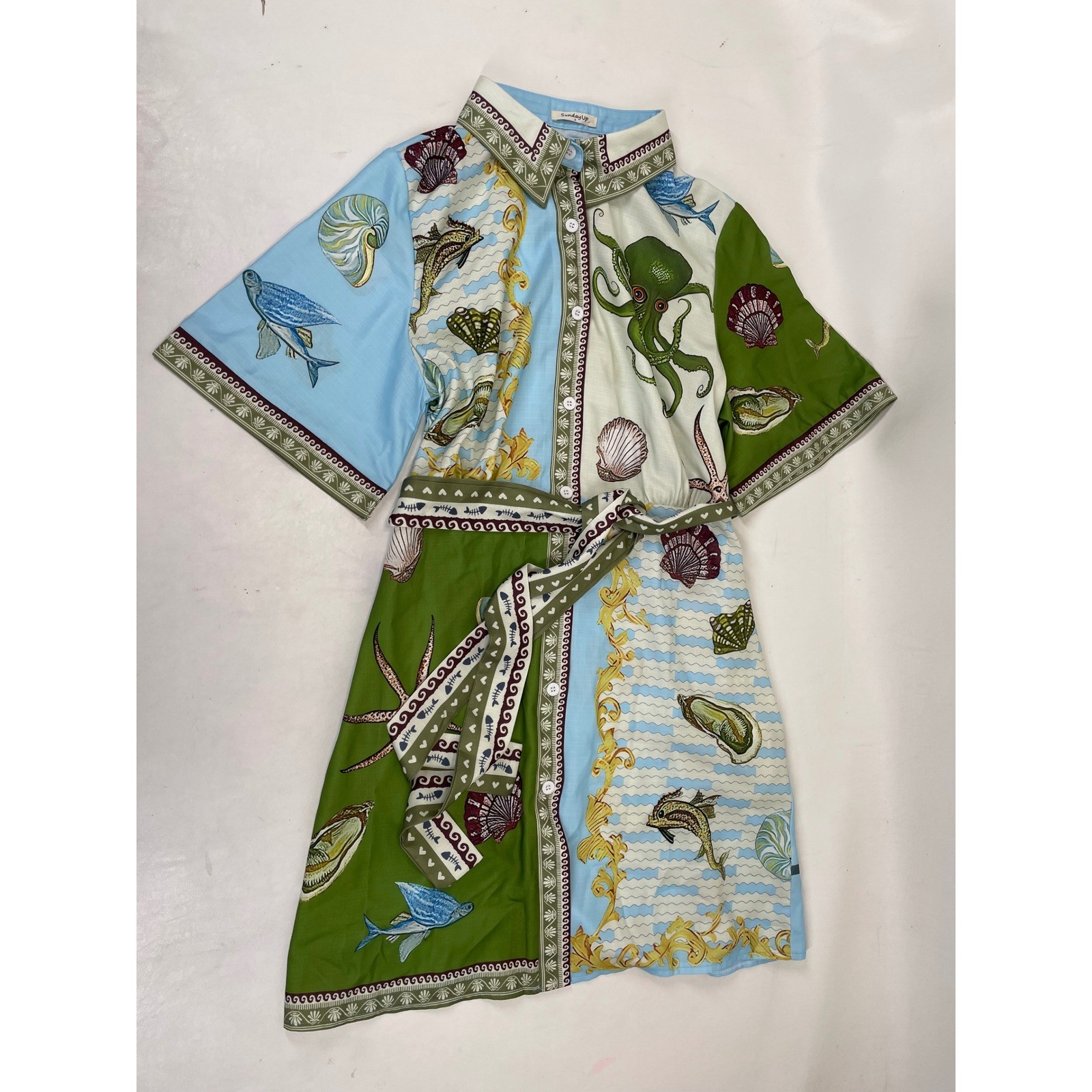 SundayUp Nautical Sea Life Linen Blend Mini Shirt Dress Blue Green Small NWT