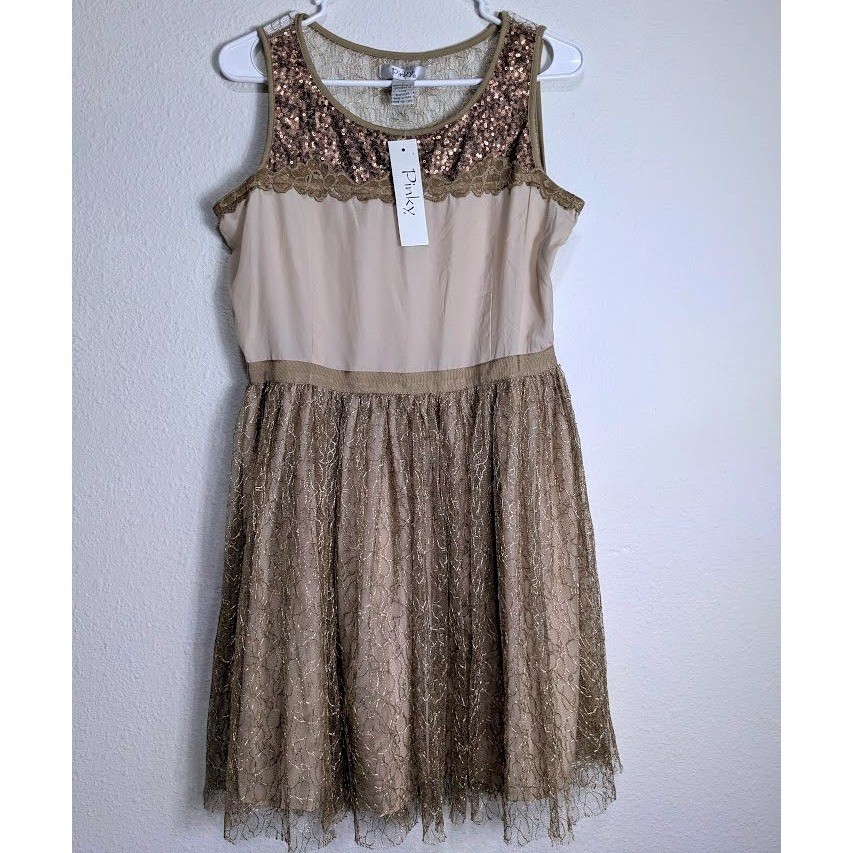 Pinky Womens Gold Sequin Lace Mesh L Fit Flare Party Dress Cream Bronze NWT