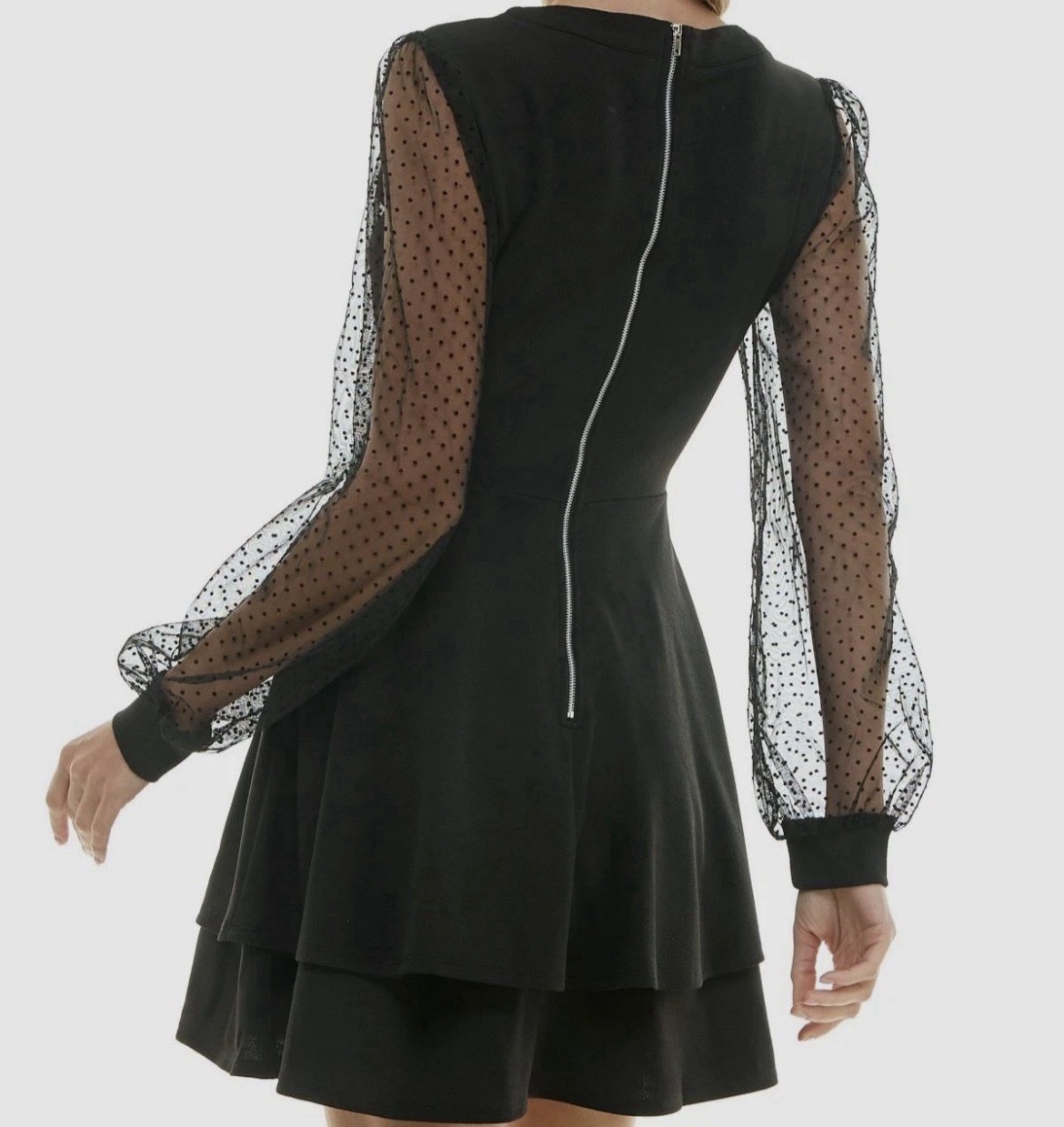 Crystal Doll Women Juniors’ Black Dotted-Sleeve Fit & Flare Dress Size L