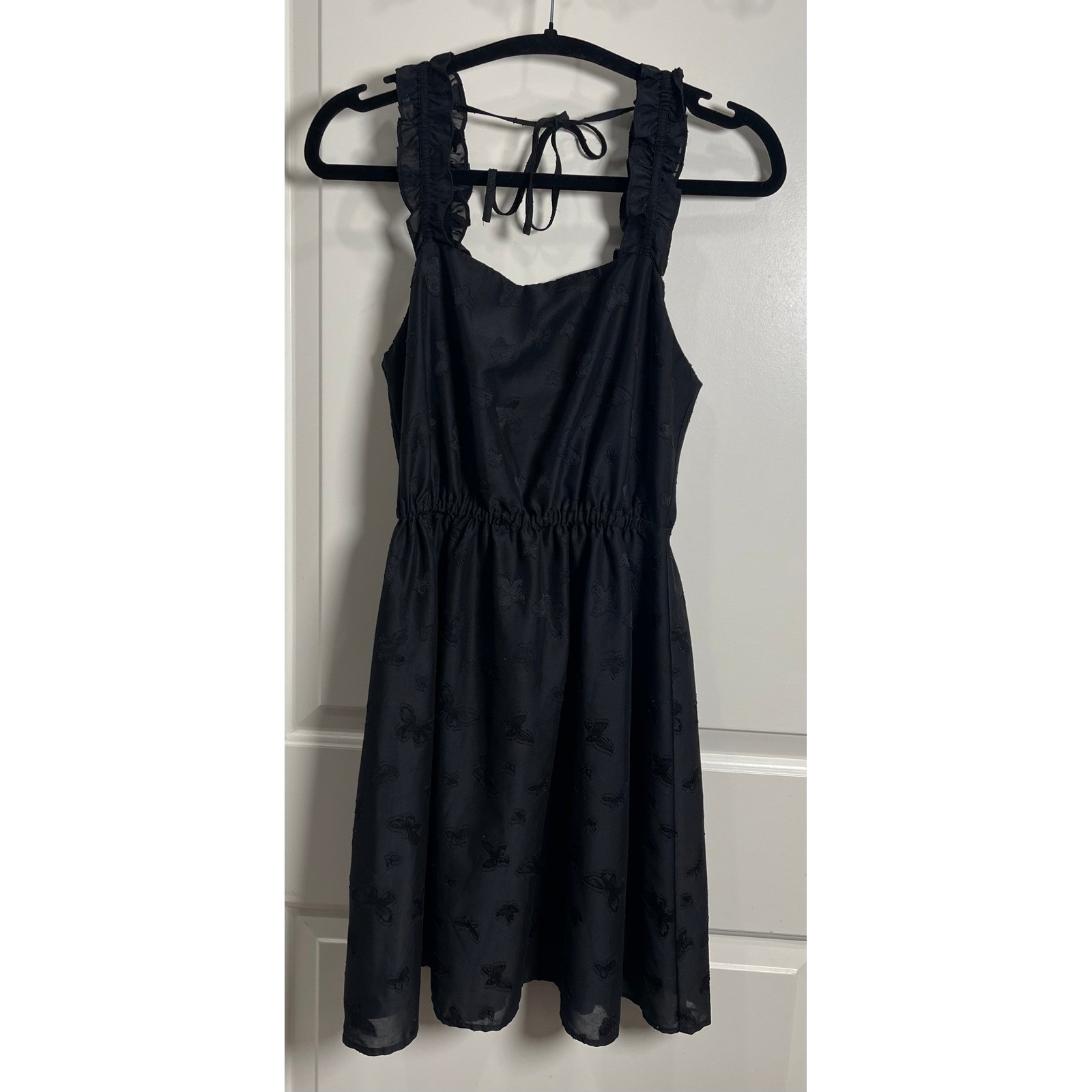 Madewell Black Ruffle Strap Tie-Back Mini Dress Size Small Fit & Flare Feminine