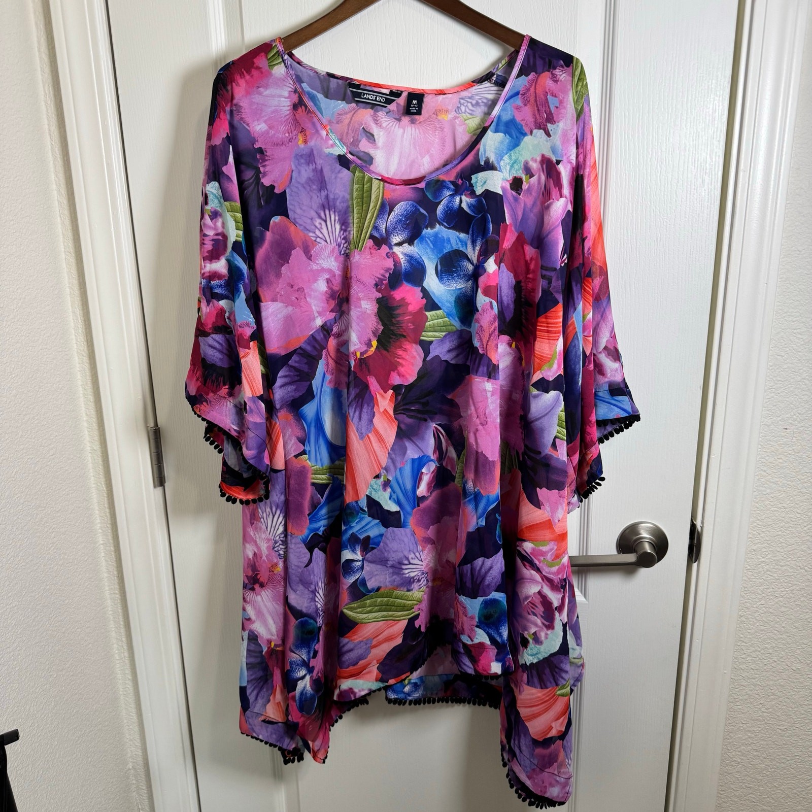Lands End Swimsuit Cover-up Floral At Knee Length Kaftan Dress Women’s M 10/12