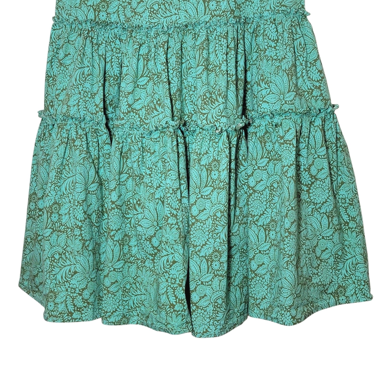 Sundance Liora Floral Leaf Cotton Tiered Ruffle Dress Short Sleeve Green S