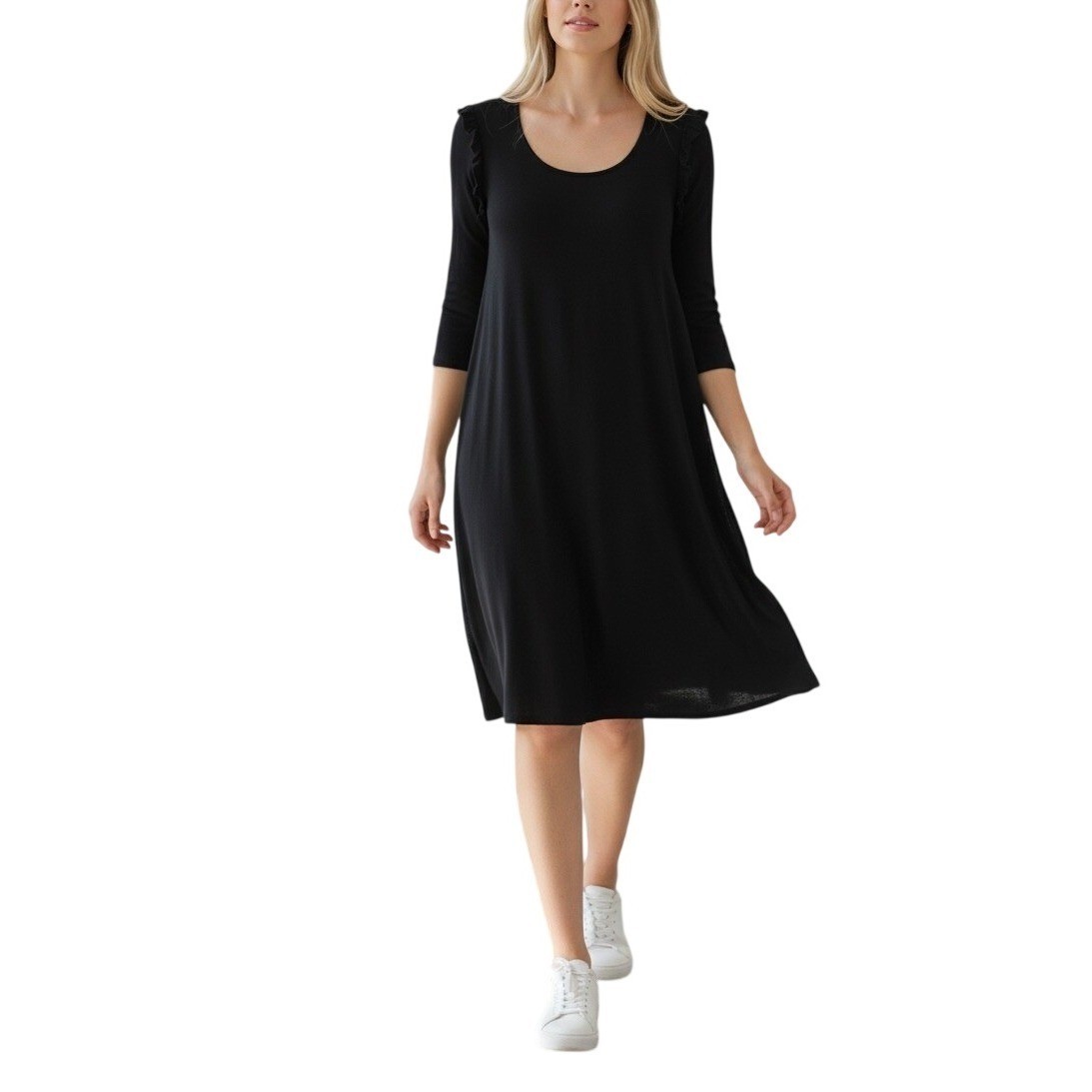 Sfera Shift Dress Womens Small Black Ruffle Shoulder 3/4 Sleeve Pockets Casual