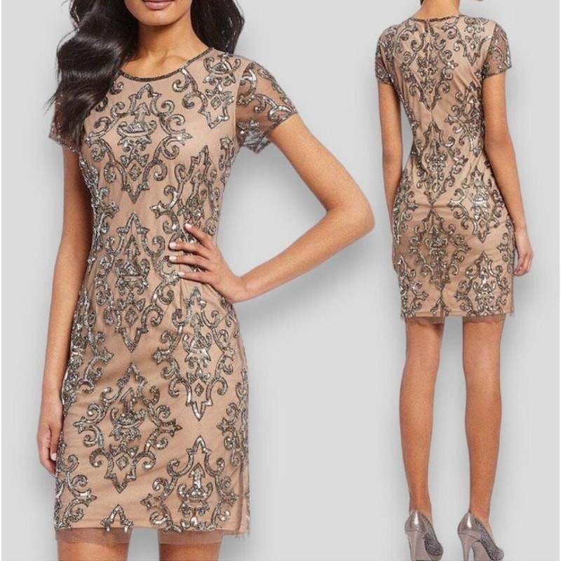 ADRIANNA PAPELL DRESS 2 SEQUIN BEADED WEDDING GUEST COCKTAIL PARTY SHORT DAMASK