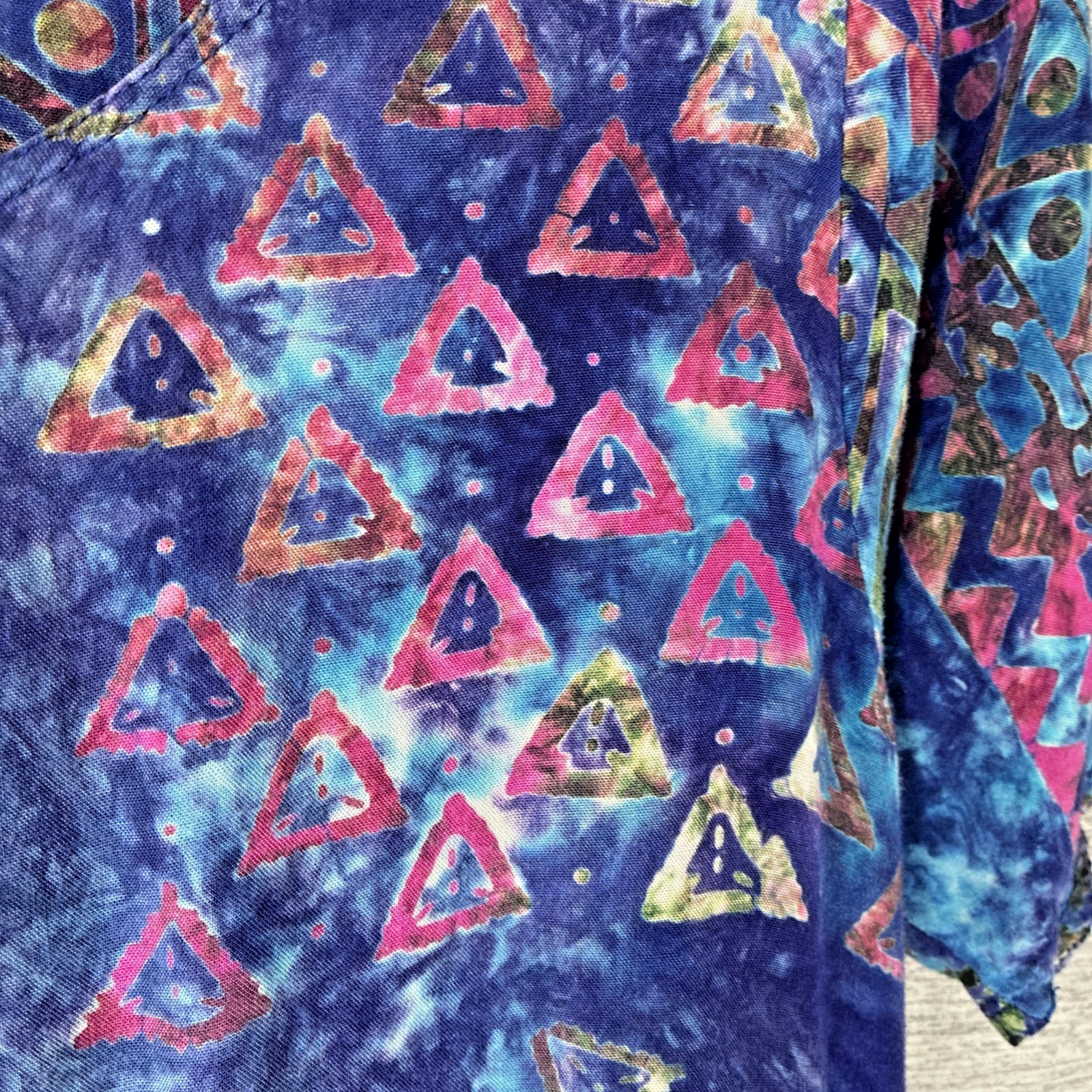 Batik Tie Dye Babydoll Mini Dress Tunic Blue Purple Flowy Boho Vtg Pockets S M 8