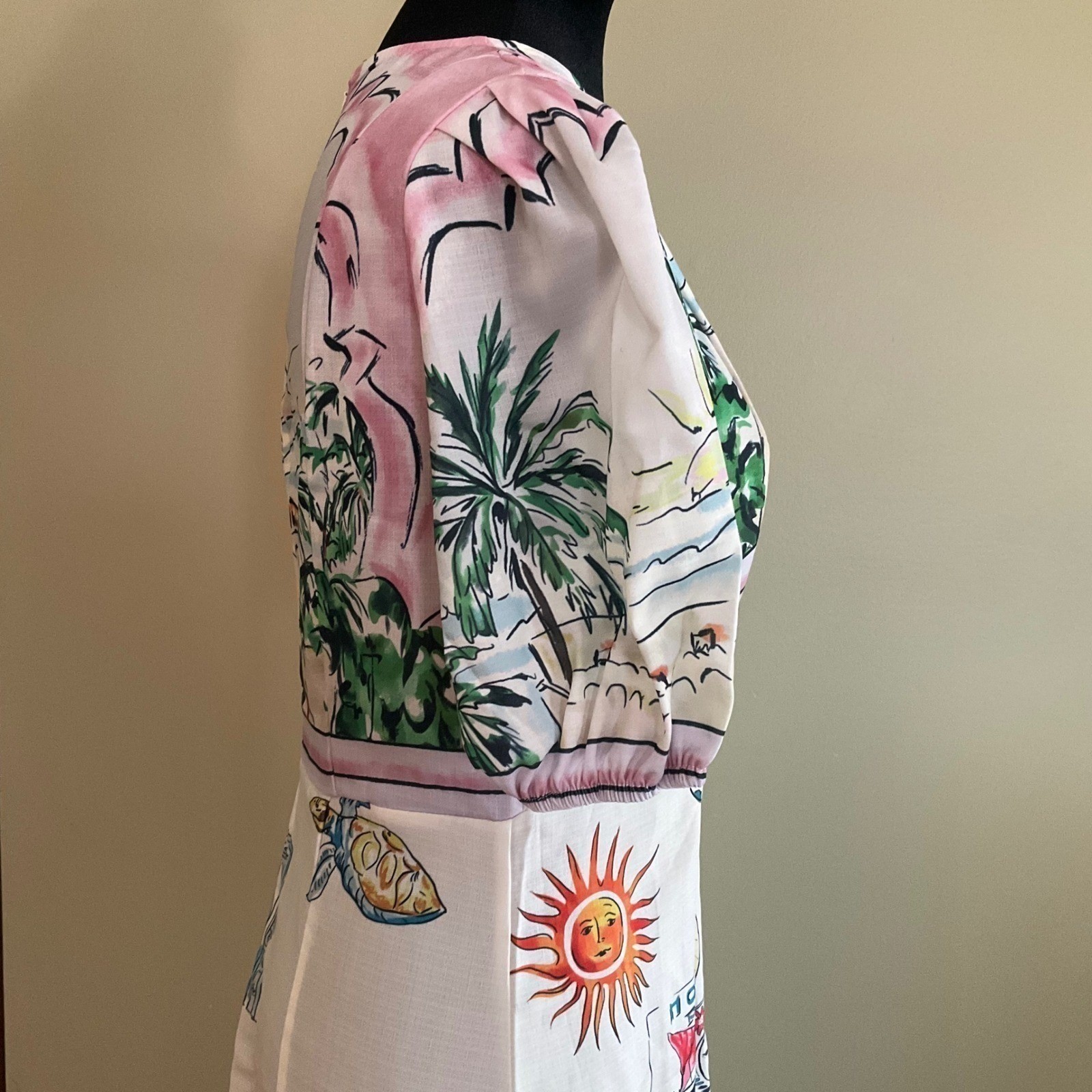 NWOT Tropical Print Puff Sleeve Maxi Dress Summer Resort Wear Boho Vintage Sz M