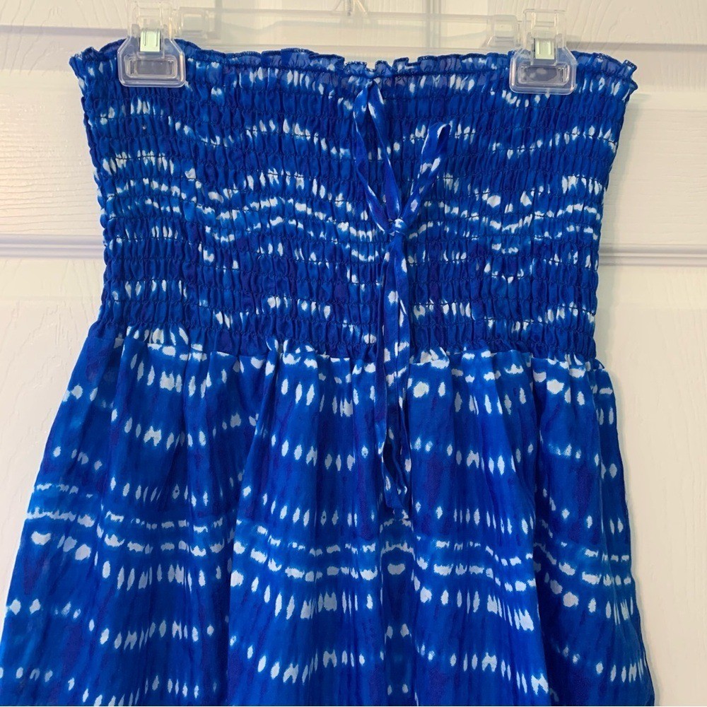 Blue Patterned Strapless Sundress Large Breathable Beachy Cover Lightweight