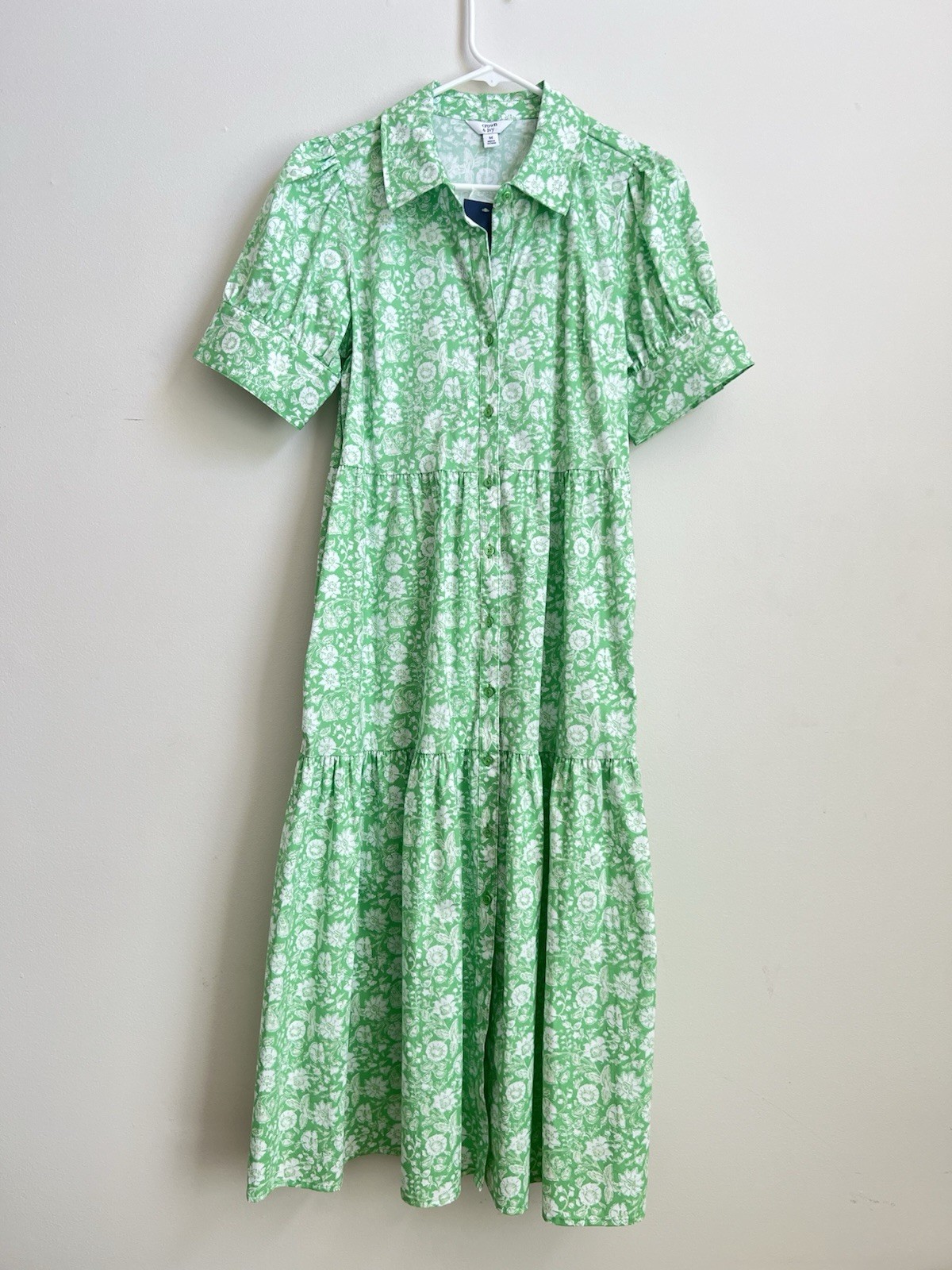 Crown & Ivy Floral Tiered Long Dress Green White Button Front Pockets M NWT