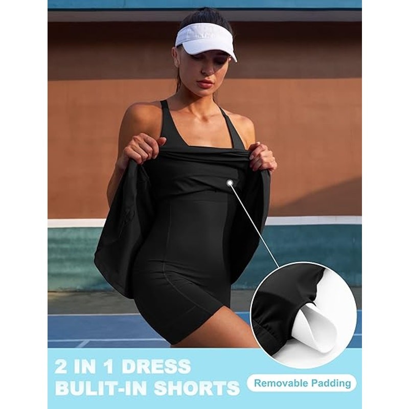 New Iuga Womens Medium Black Thin Strap Athletic Tennis Dress w Built In Shorts