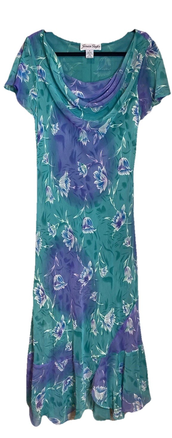 Jessica Taylor Floral Watercolor Chiffon Maxi Dress Size M Cowl Neck Spring Y2K