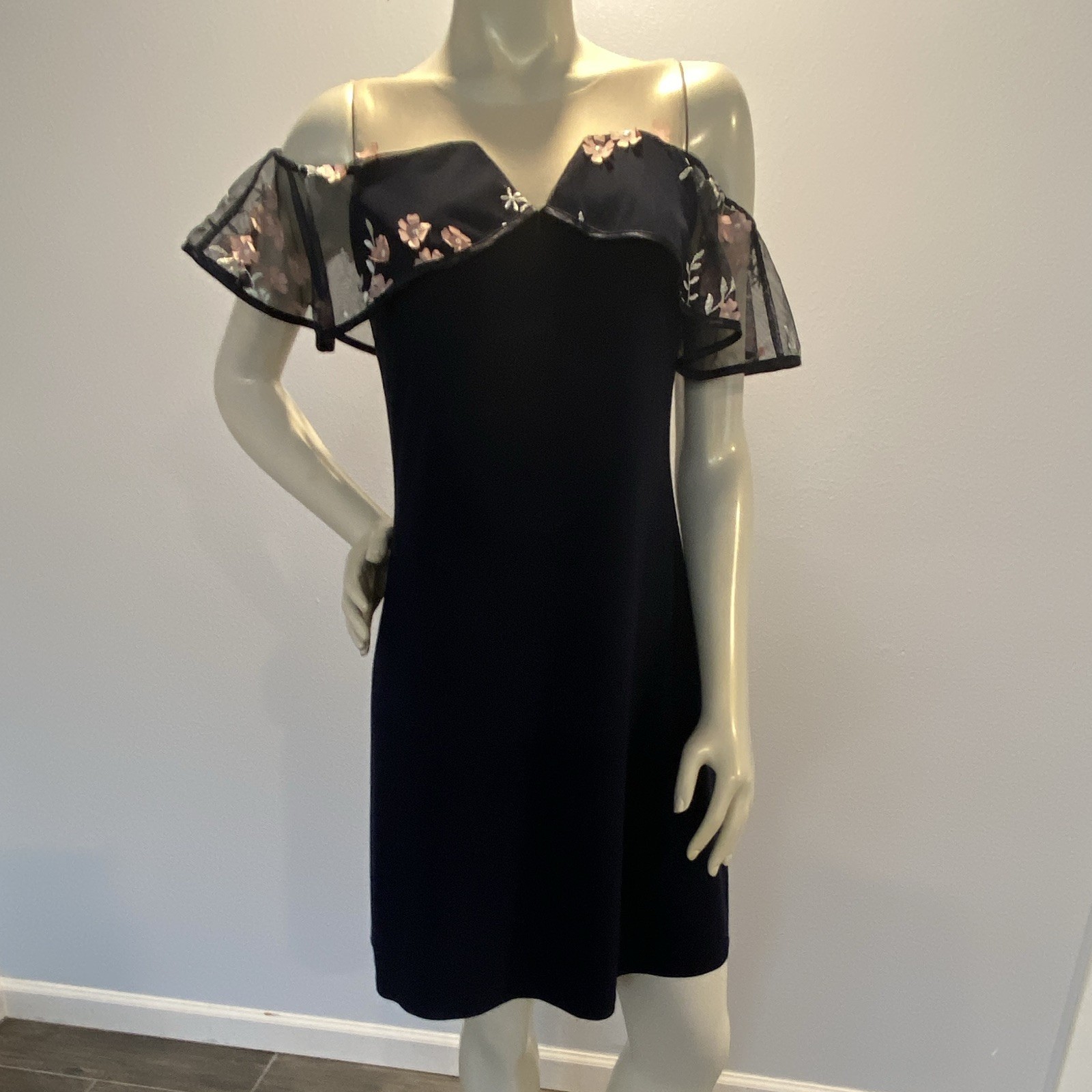 MSK Navy Floral Embroidered Sheer Mesh Cold Shoulder Sheath Knee Dress S