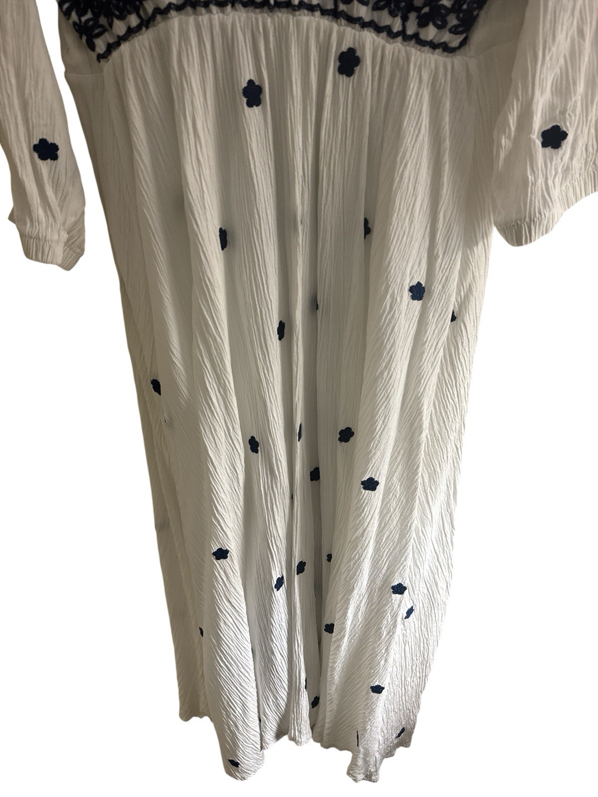 CEM Turkish Women’s White Gauze Midi Dress Navy Embroidery Sz Small (Runs Small)