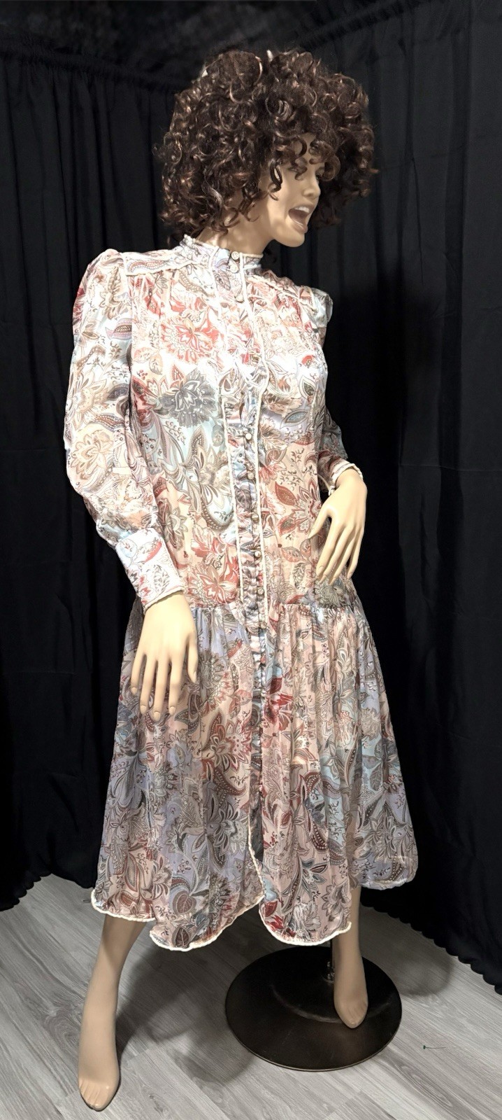 UNKNOWN JACOBEAN PRINT GEORGETTE W/SLIP IVORY, COPPER + MULTI, MAXI DRESS SMALL