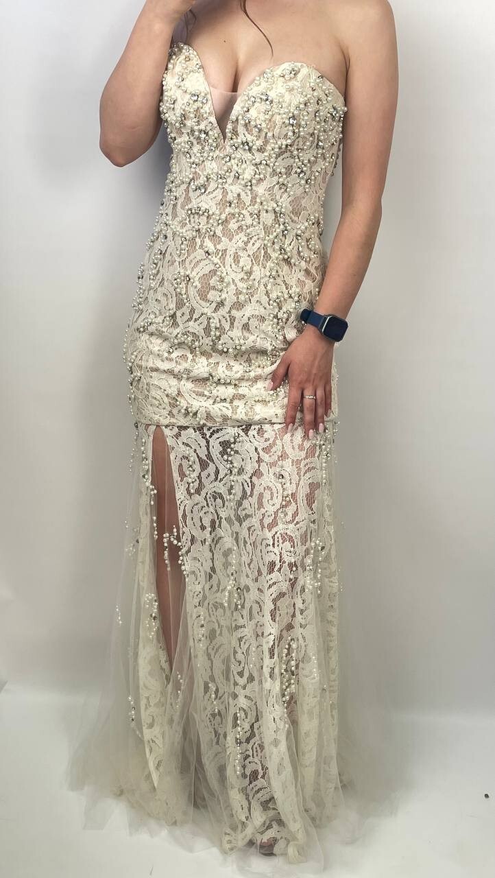 Jovani Strapless Lace Gown Beaded Pearl Nude Ivory Dress Sz 4 Small Prom Formal