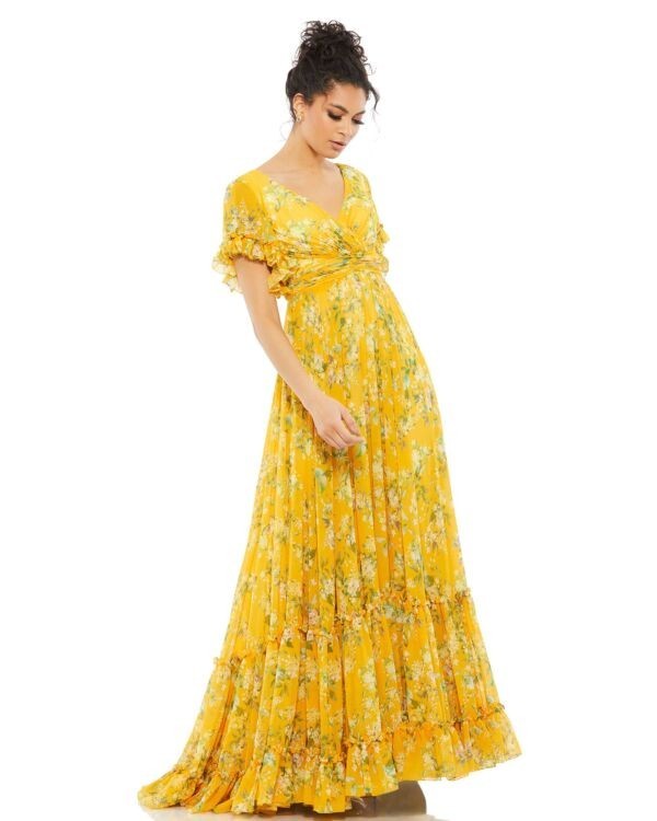 Mac Duggal Yellow Multi Flounce Sleeve Floral Maxi Dress Gown Size 12 $298