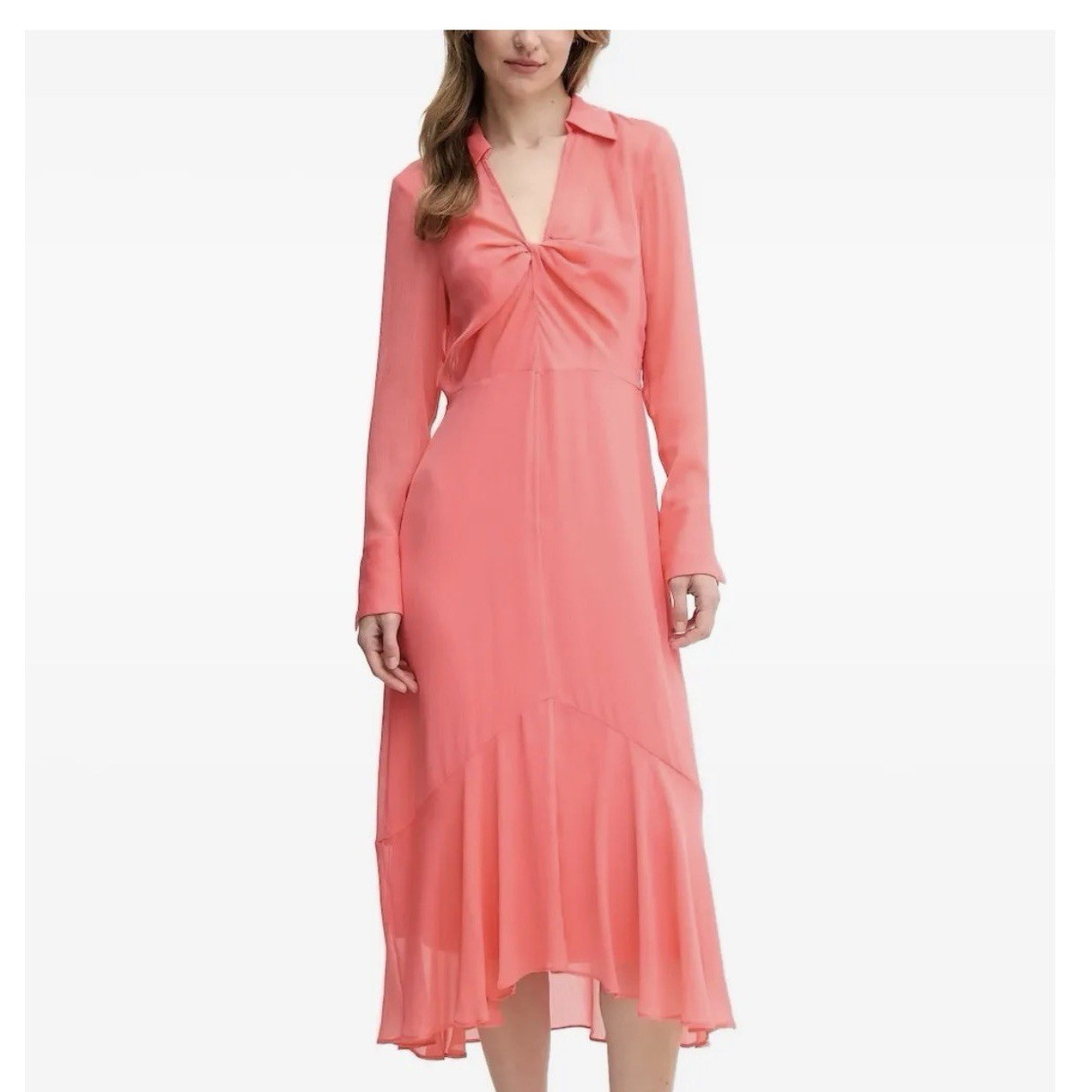 DKNY Coral Chiffon Twist-Front Asymmetric Hem Midi Dress V-Neck Long Sleeve 4
