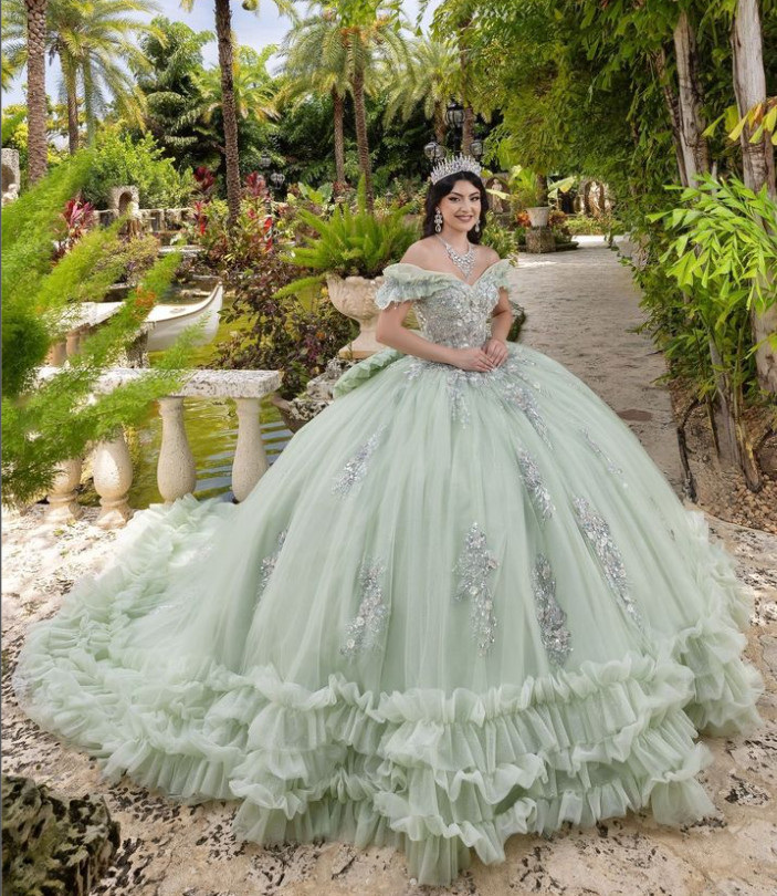Sage Green Off Shoulder Ruffle Tulle Quinceanera Ball Gown Sweet 16 Dress