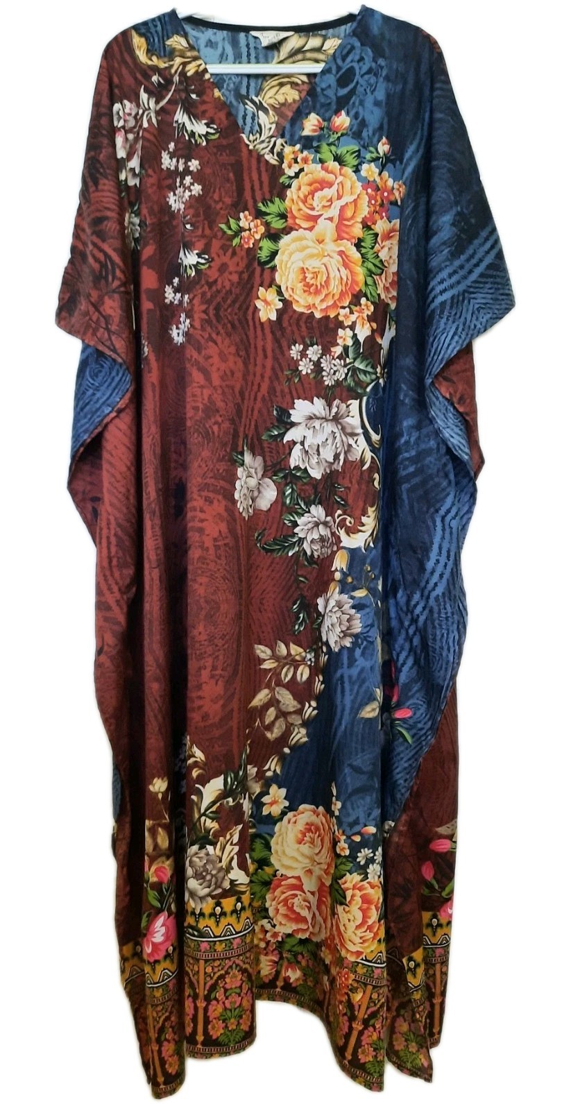 Womens Caftan One Size Floral Kimono Maxi Dress Gypsie Blu VTG