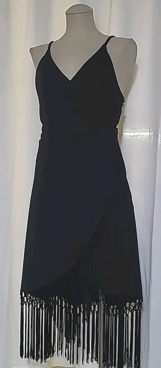 Black Fringe Wrap Cocktail Dress Stretchy M Party Boho Goth Y2K 70s Retro Disco