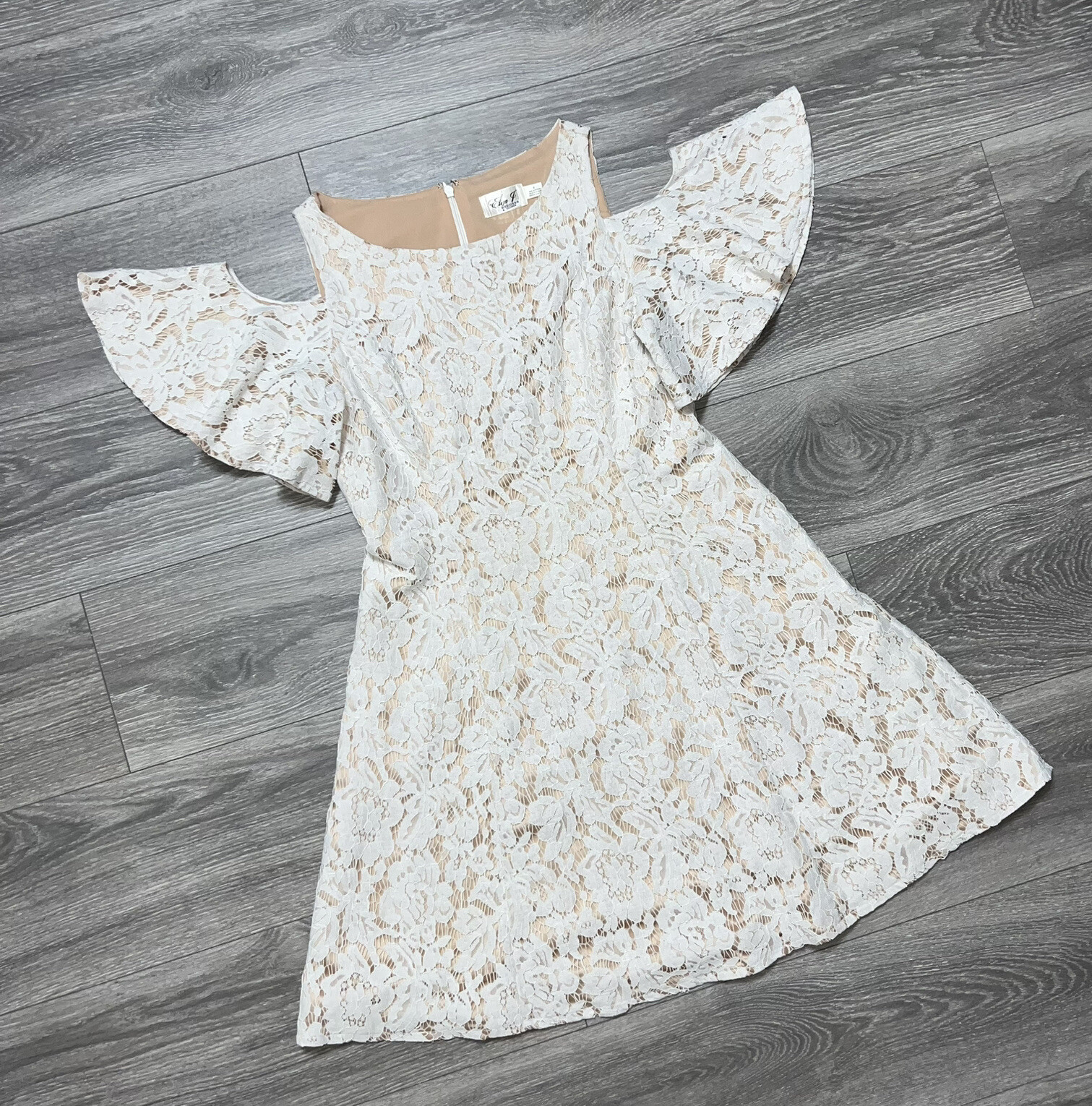 Eliza J Cream Cold Shoulder Flutter Sleeve Fit Flare Lace Nude Beige Dress 8 M