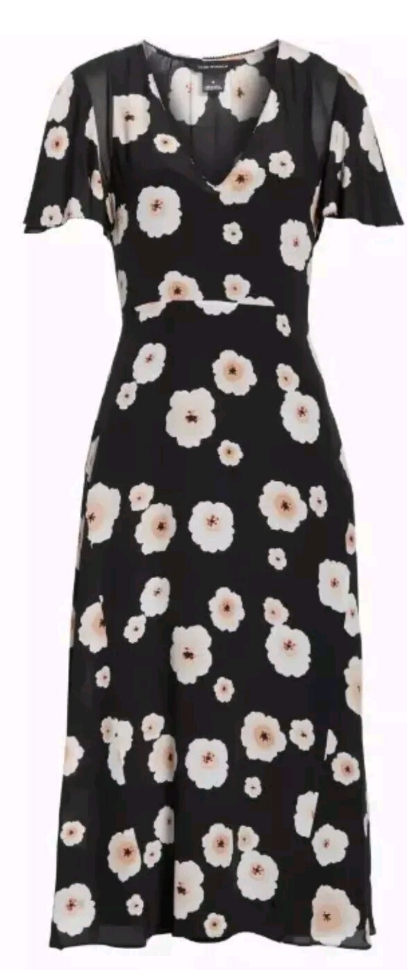 Club Monaco Zameeka Dress Cocktail Silk Floral Sz 0 S Xs Midi Black Ascot Light