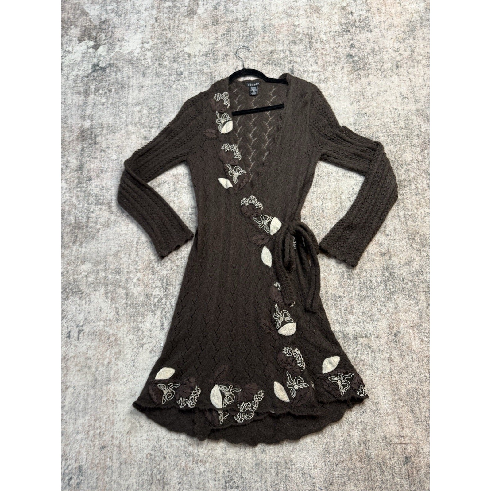 Wrap Longline Cardigan M Wrap Dress Mohair Brown Embroidered Open Knit Boho
