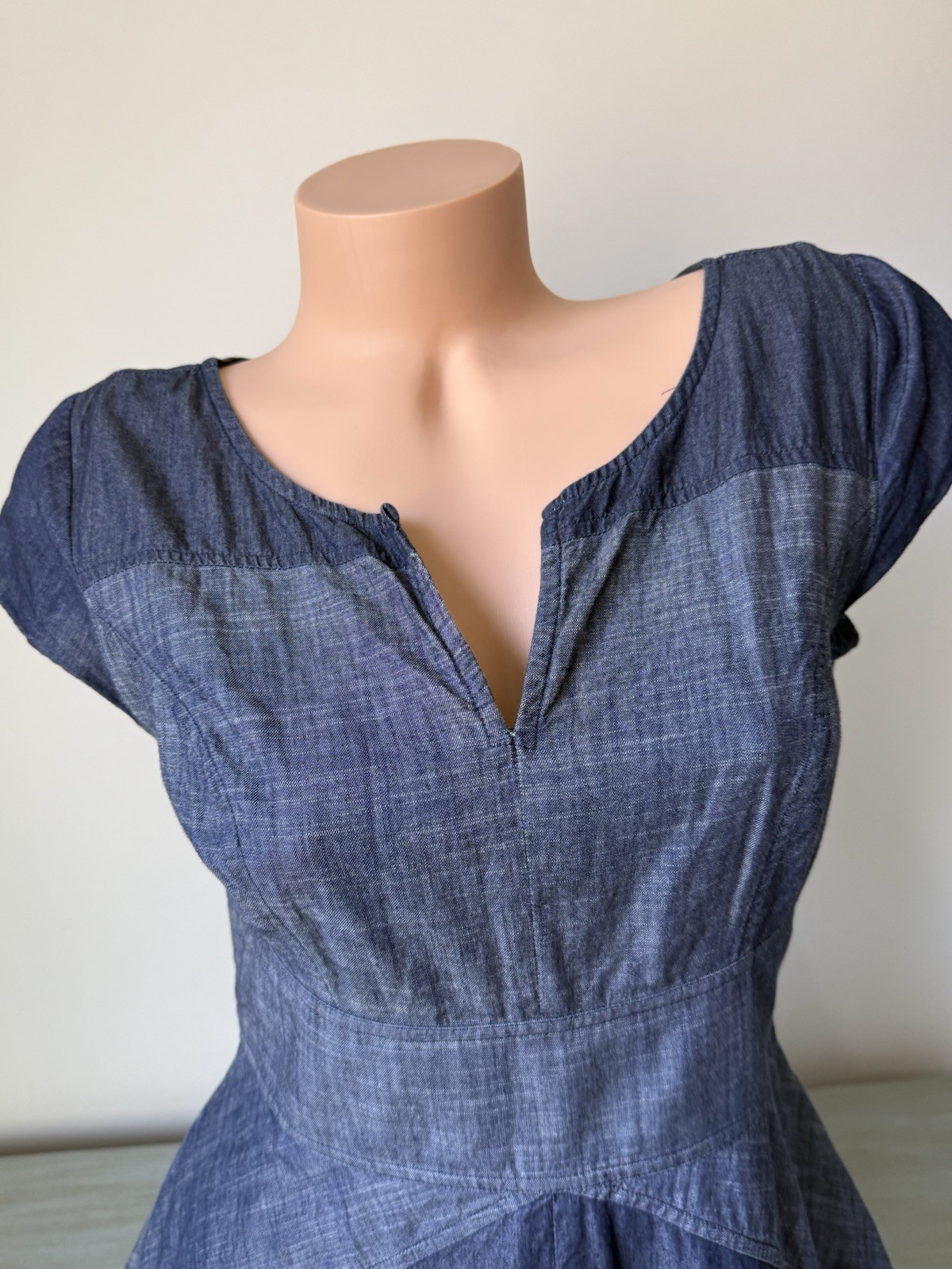 Chambray Dress Short Sleeve eShakti Artsy Boho Chevron Chic Cottage Blue Sz 8 M