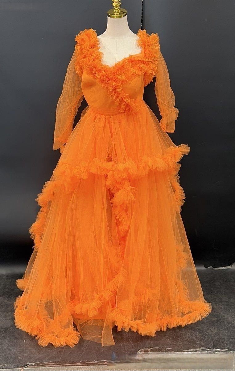 Oyemwen Orange Tulle Ruffle Tiered Gown Sheer Long Sleeve Smocked Maxi Dress NWT