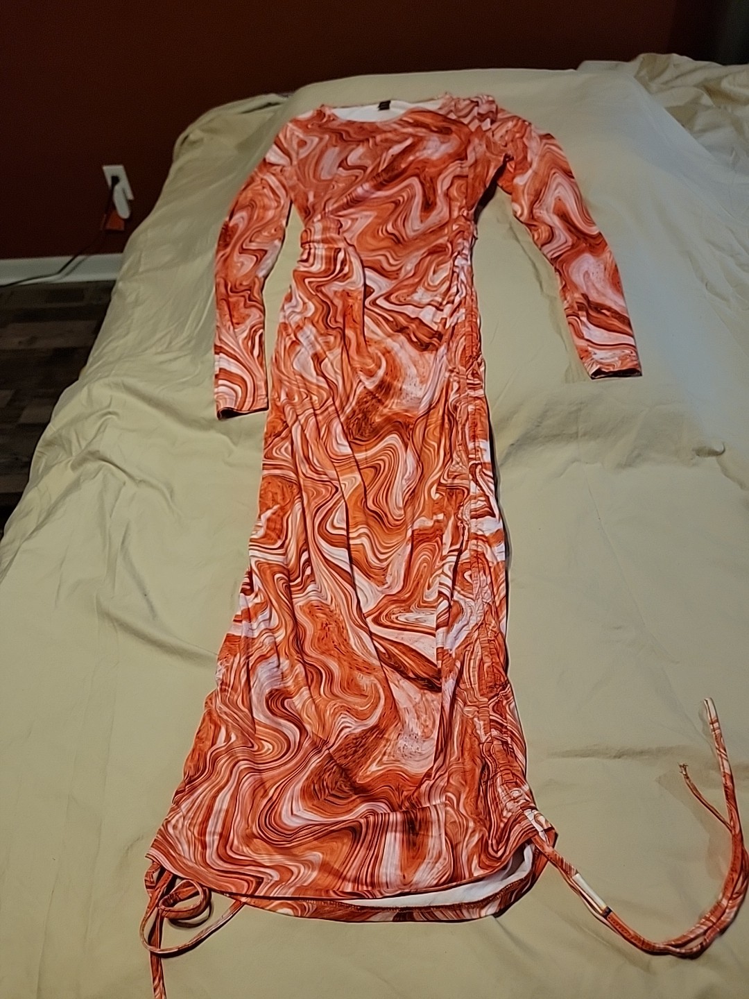 Shein long fitted dress reddish orange swirl drawstring sides size 6
