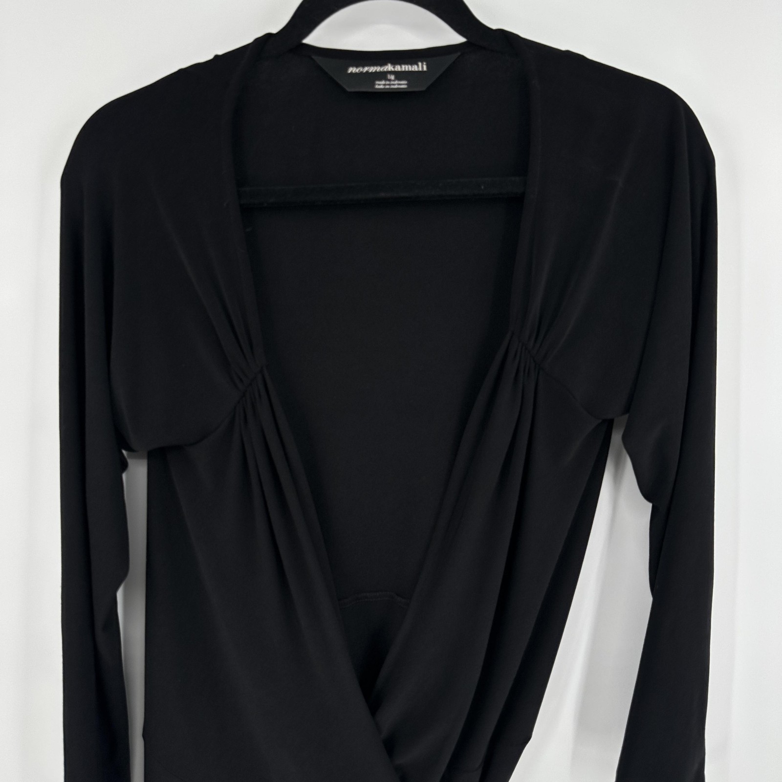 Norma Kamali Dress Womens Large Black Wrap Long Sleeve Ruched Jersey Midi Gown