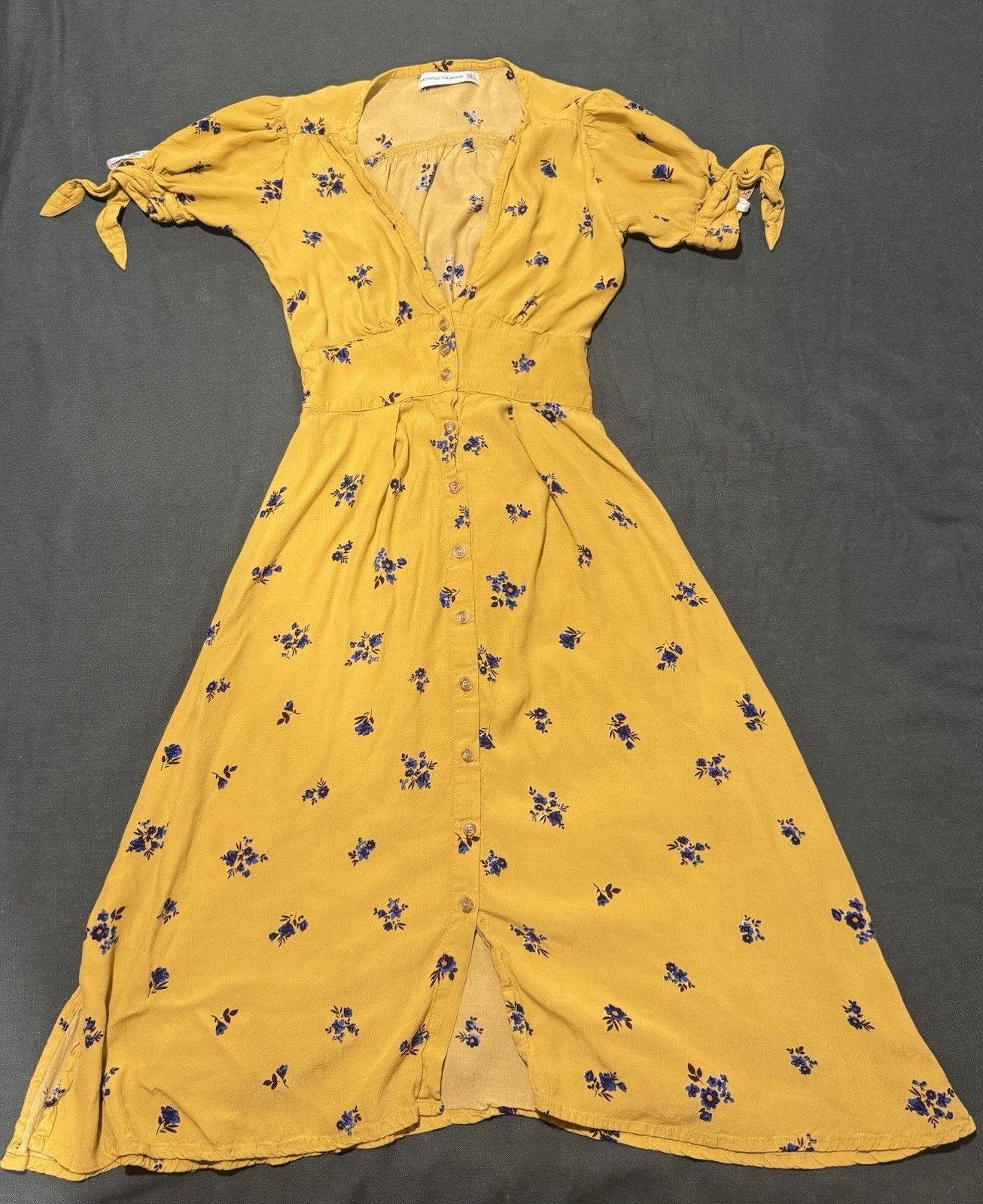 Faithfull the Brand Yellow Blue Floral Midi Dress XS V-Neck Puff Sleeve Button