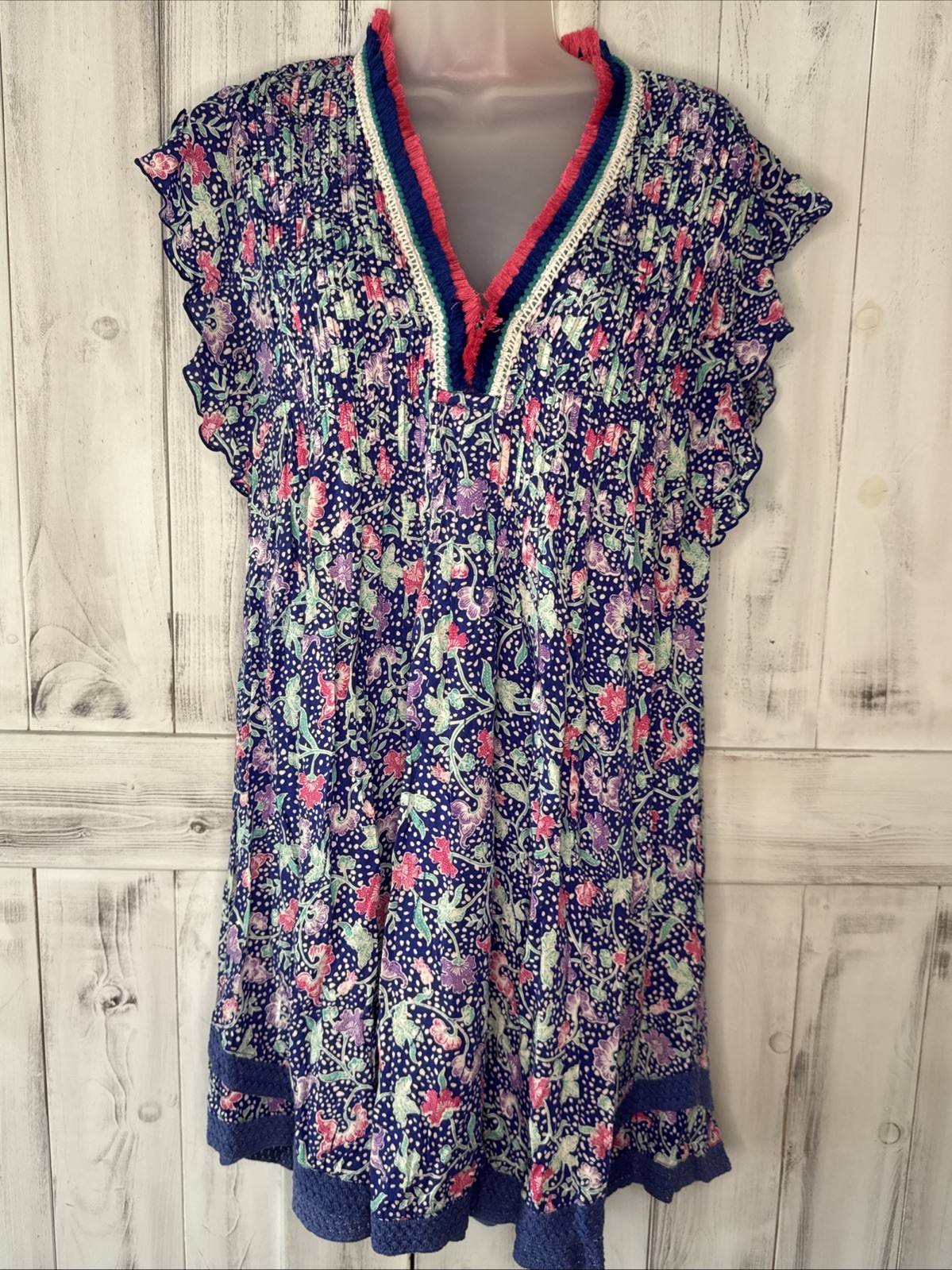 POUPETTE ST BARTH SASHA MINI DRESS SIZE LARGE BLUE PINK FLORAL FLUTTER SLEEVE