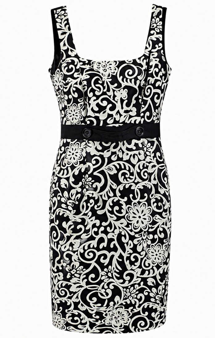 London Times Black/White Floral Sheath Dress 8 Satin Square Neck Lined Zip