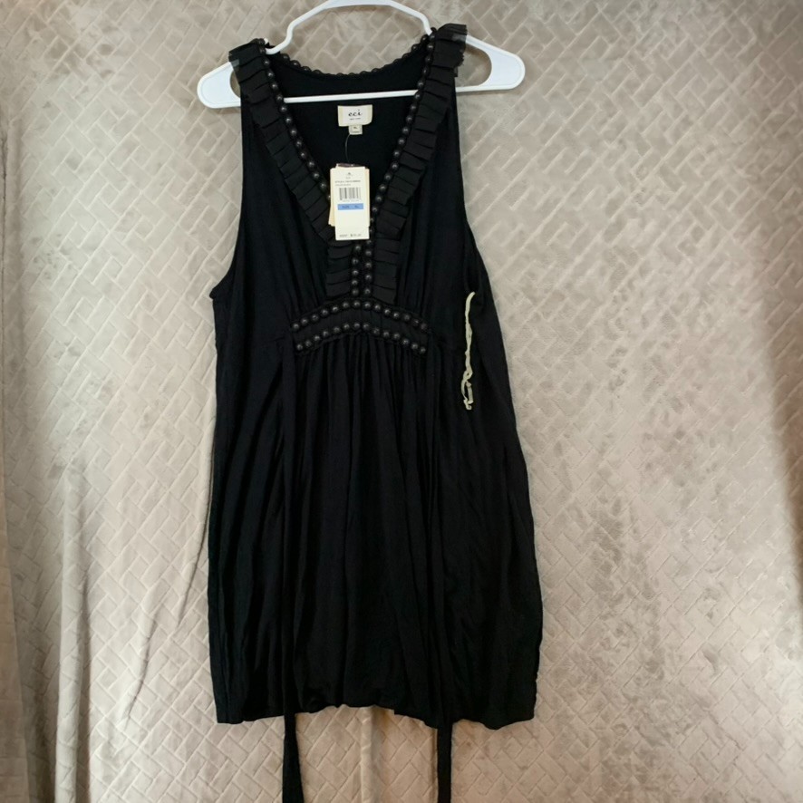 ECI New York Mini Dress Women XL Black Beaded Ruffle V Neck Sleeveless Belt