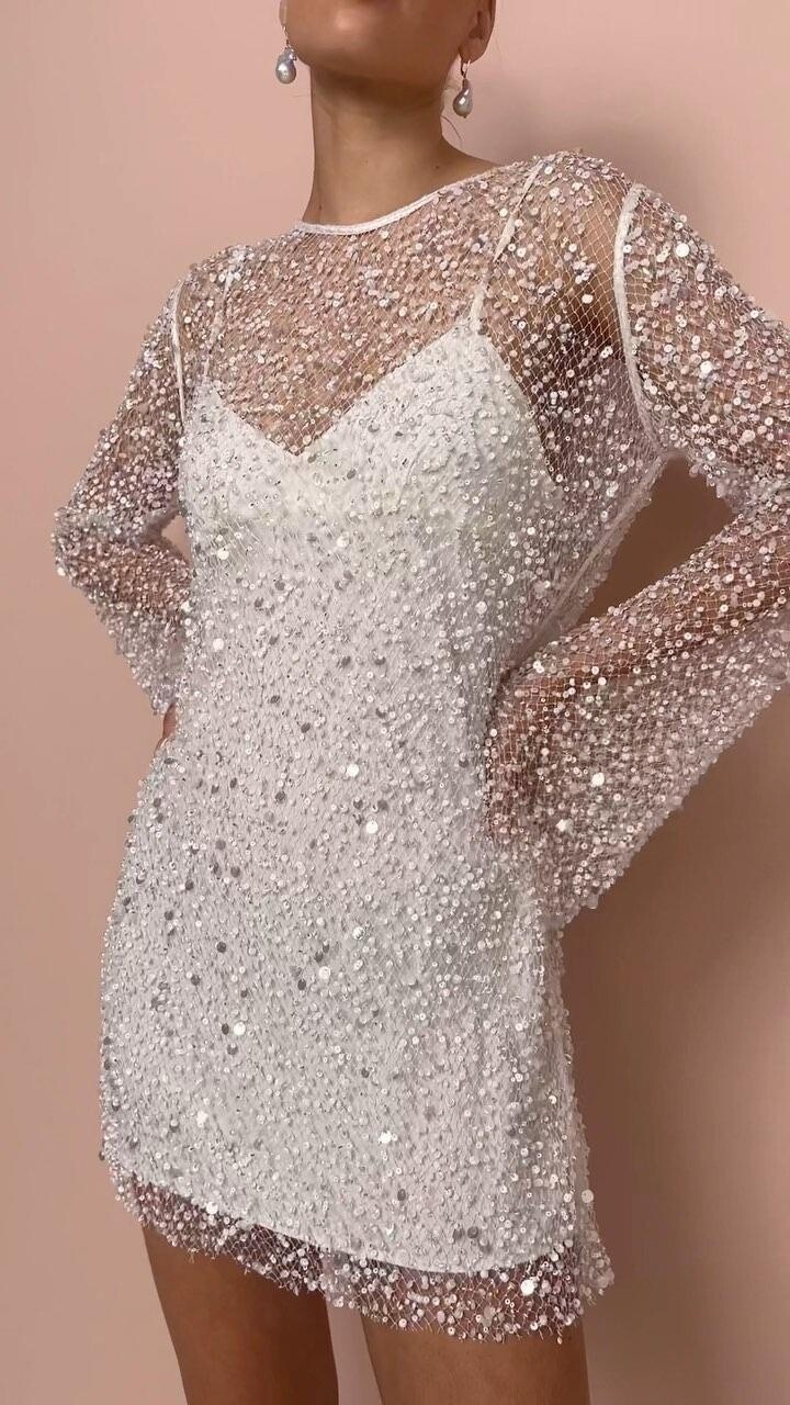 Lady Mesh Sequin Sheer Dress Mini Long Sleeve Two Pieces Wedding Party Sexy Chic