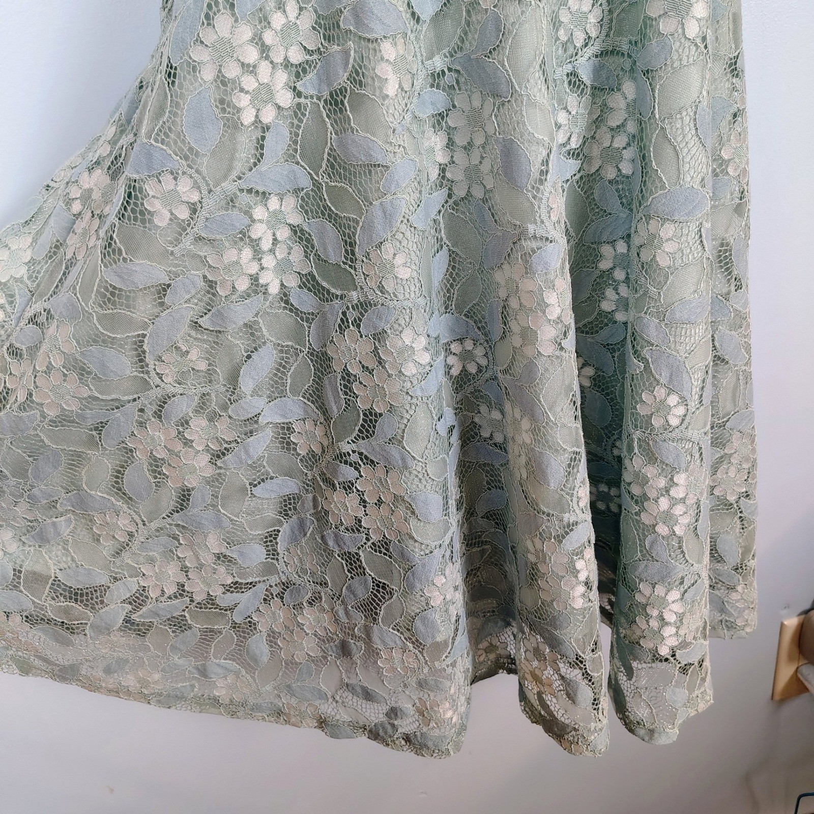 Sage Green Floral Lace Ruffle Cold Shoulder Fit and Flare Dress Med peasent