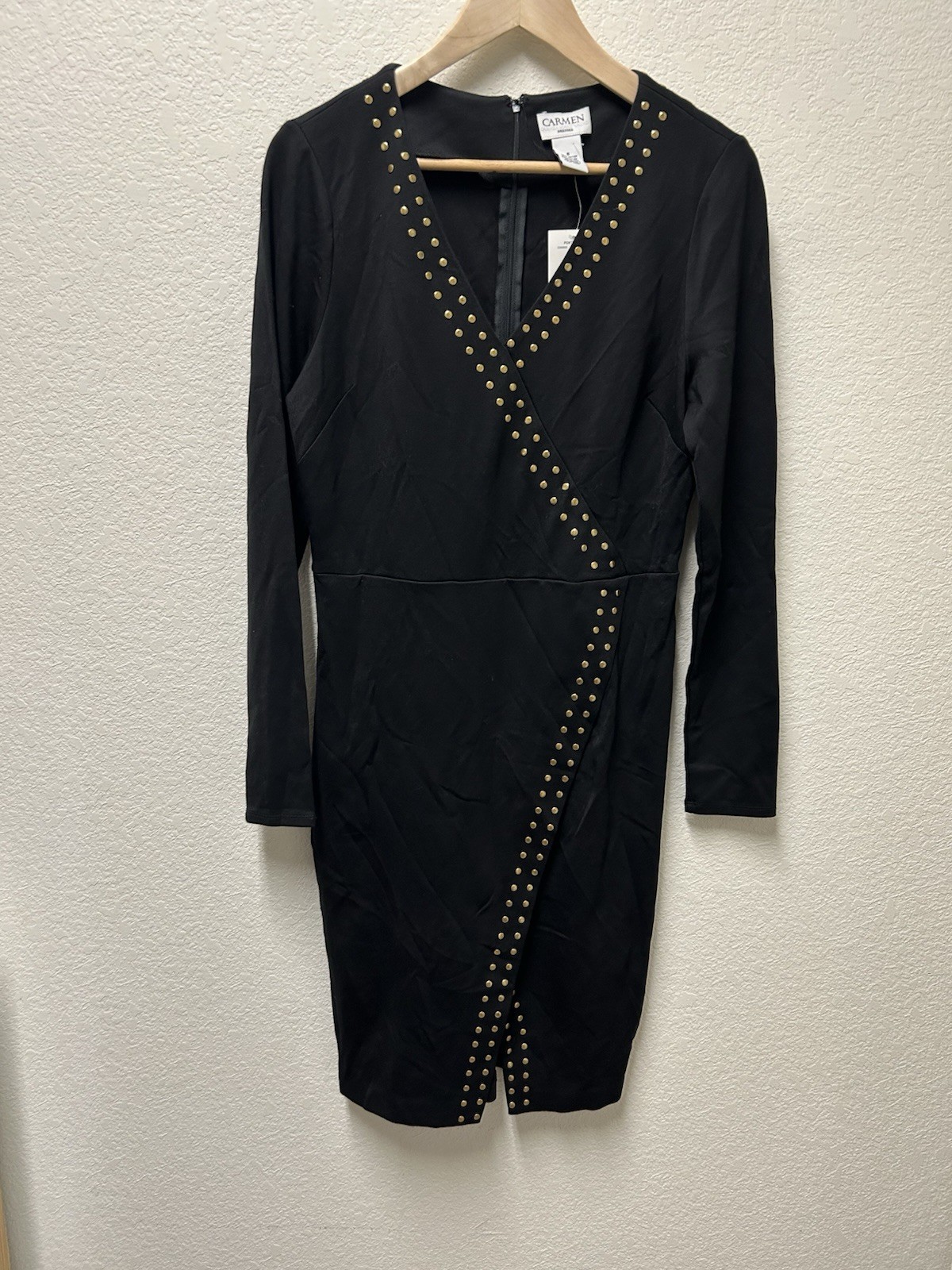 Carmen Marc Valvo 3/4 Sleeve Dress Womens Small V Neck Faux Wrap Studded
